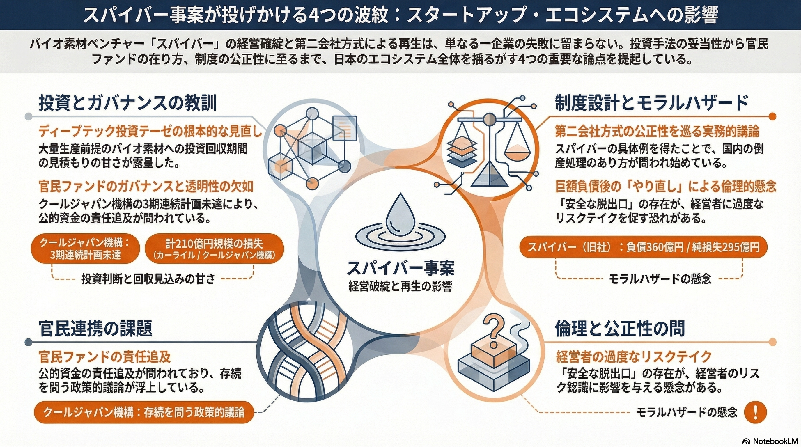 クールジャパンにトドメ。110億出資のスパイバー(Spiber)が360億円の負債を残し、第二会社方式で孫正義長女の新会社に事業譲渡 - 業界への影響 - 章扉