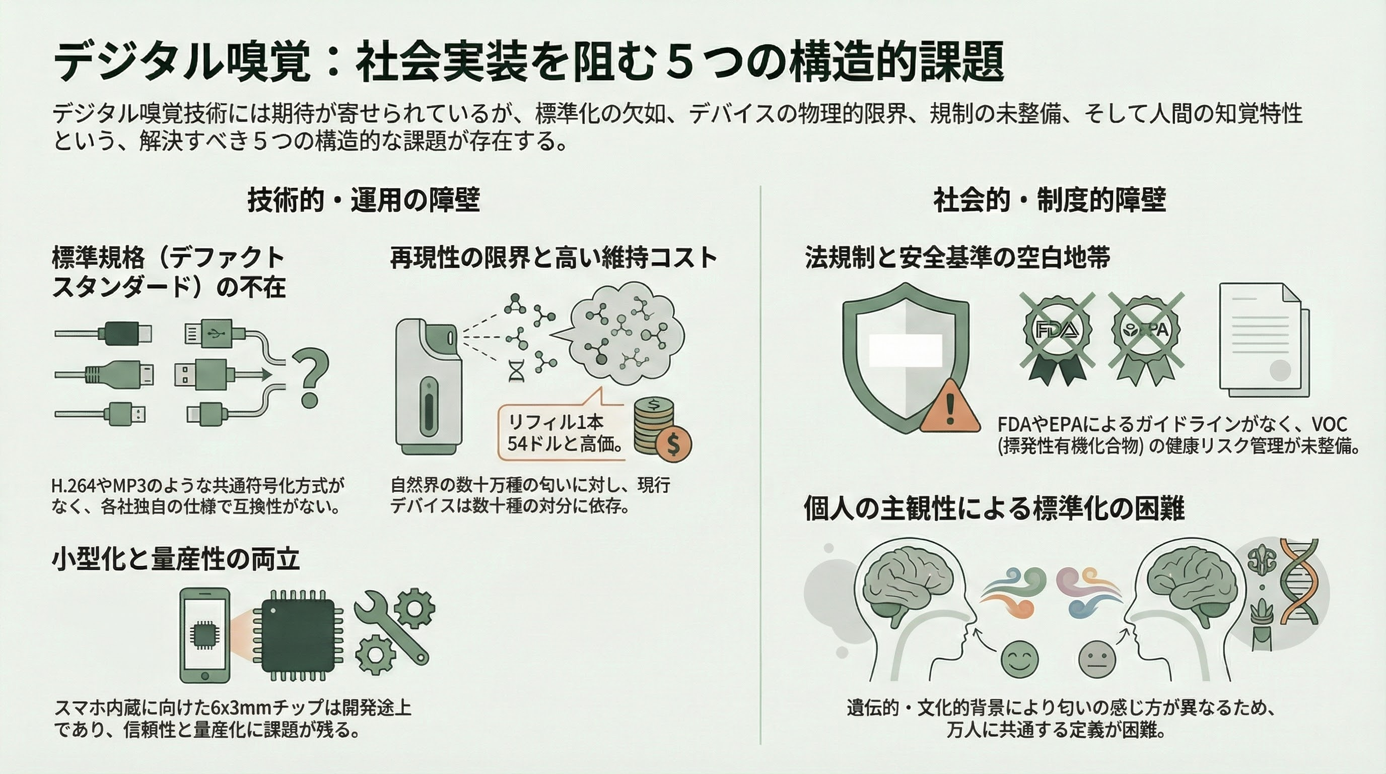 香りのスタートアップ Osmo、Koniku、Aromyx、Moodify、OVR Technology、アロマビット - 残る課題と制約 - 章扉