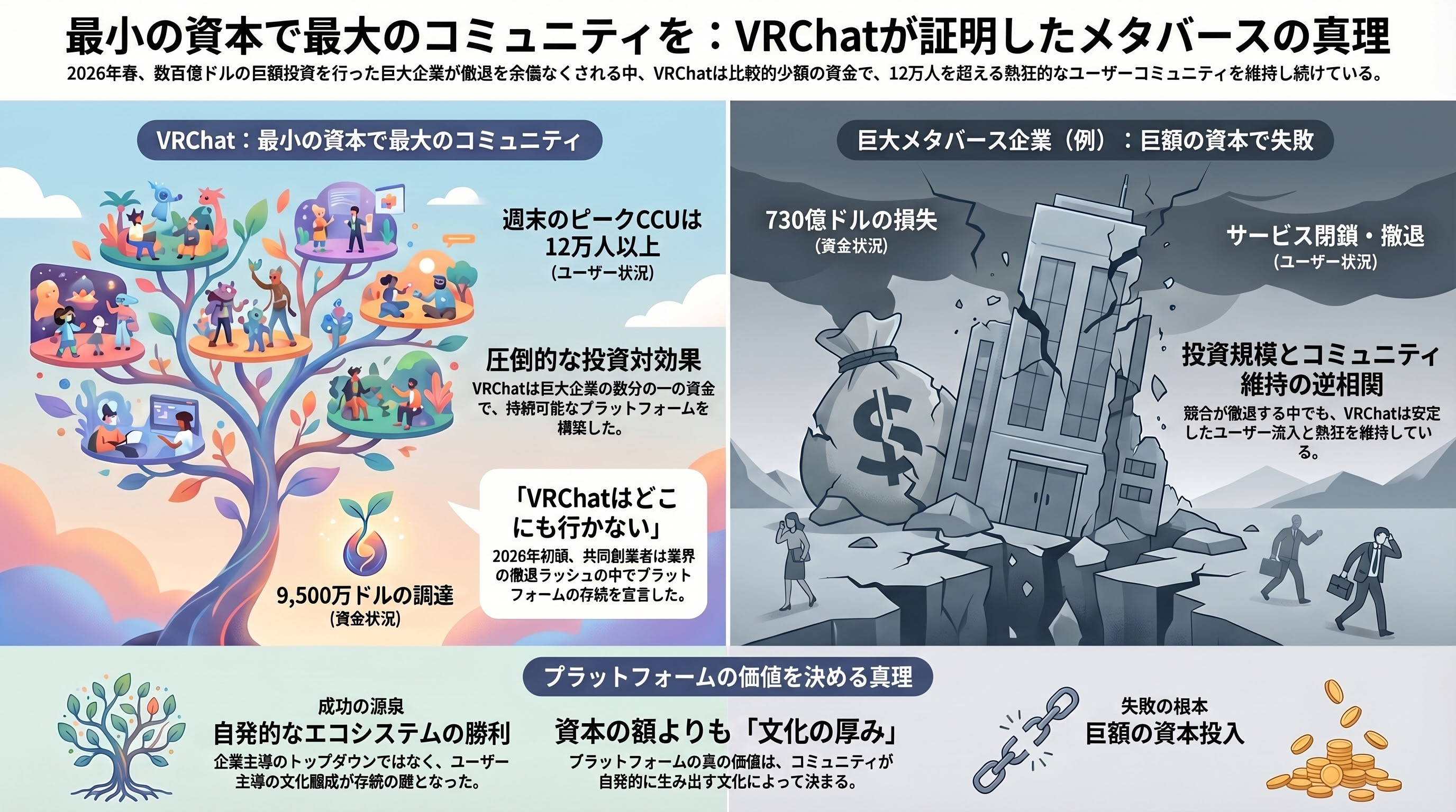 週末の同時接続者数12万人という高水準をキープ、メタバースVRChatの経済圏 - 結語——「最も少ない資本で、最も大きなコミュニティを作った」プラットフォーム - 章扉