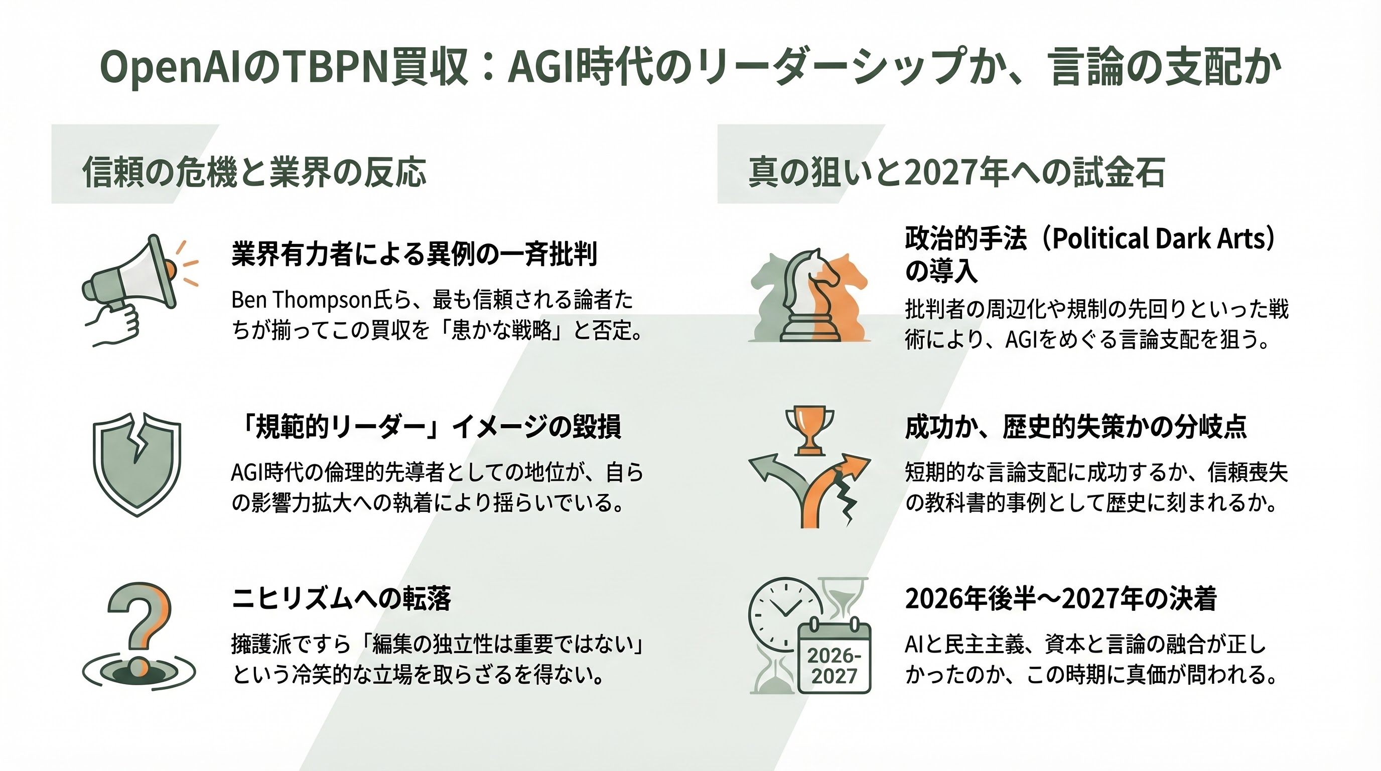 OpenAIの愚かな戦略、人気メディア「TBPN」を買収し、批判の口を塞ぐ - 結語――歴史に残る「愚かな買収」となるか - 章扉