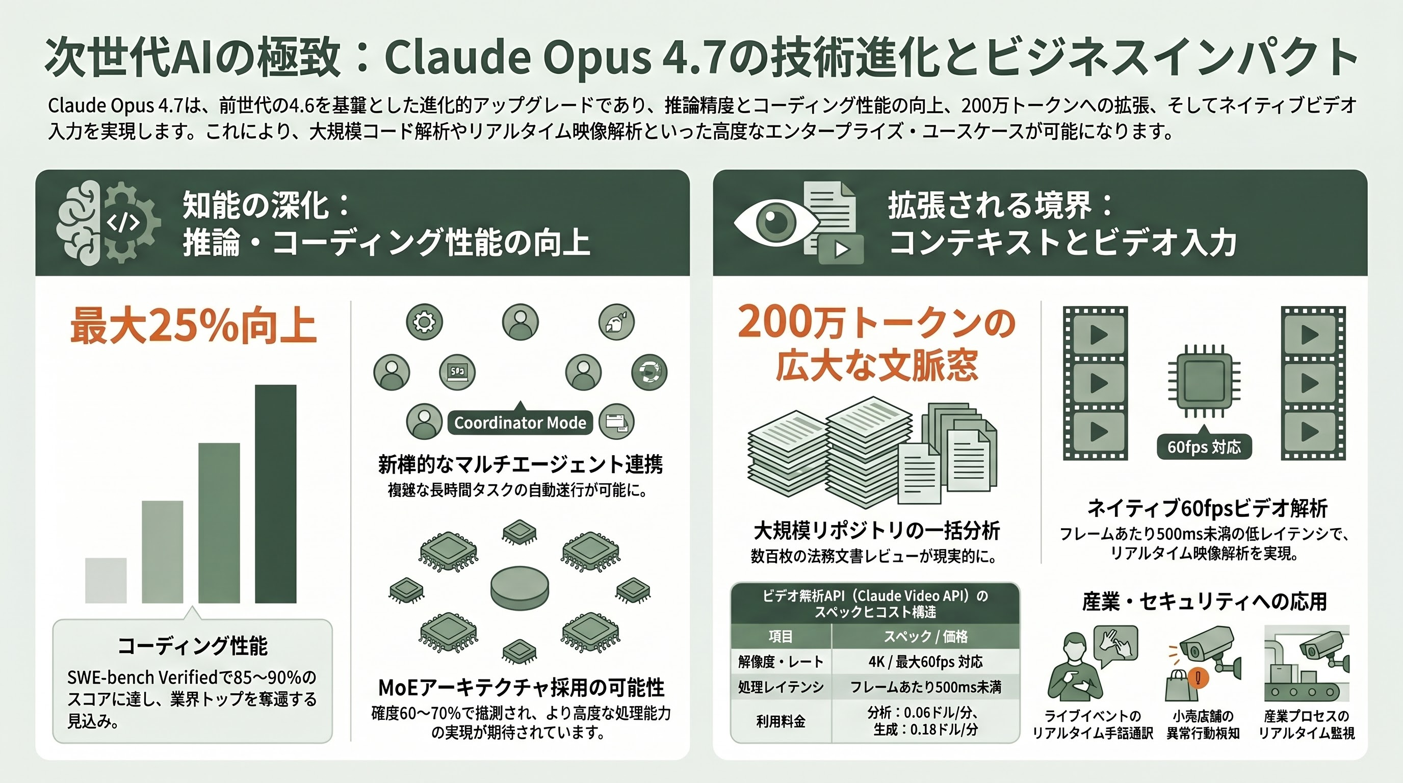 Claude Opus 4.7と新デザインツール「Project Prism / Claude Design Studio」 一部プランでの200万トークンサポートとネイティブ・ビデオ・インプット（60fps対応） - Claude Opus 4.7の技術仕様と予想されるパフォーマンス - 章扉