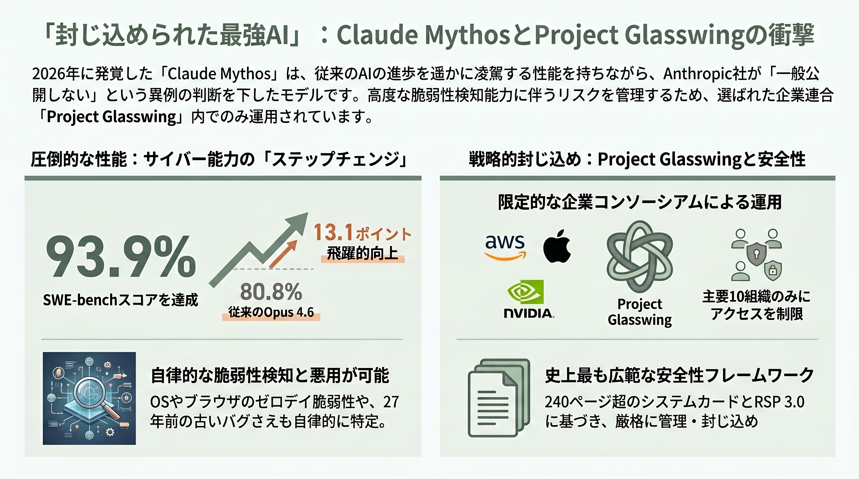 Claude Opus 4.7と新デザインツール「Project Prism / Claude Design Studio」 一部プランでの200万トークンサポートとネイティブ・ビデオ・インプット（60fps対応） - Claude Mythosと「Project Glasswing」—公開されない最強モデル - 章扉