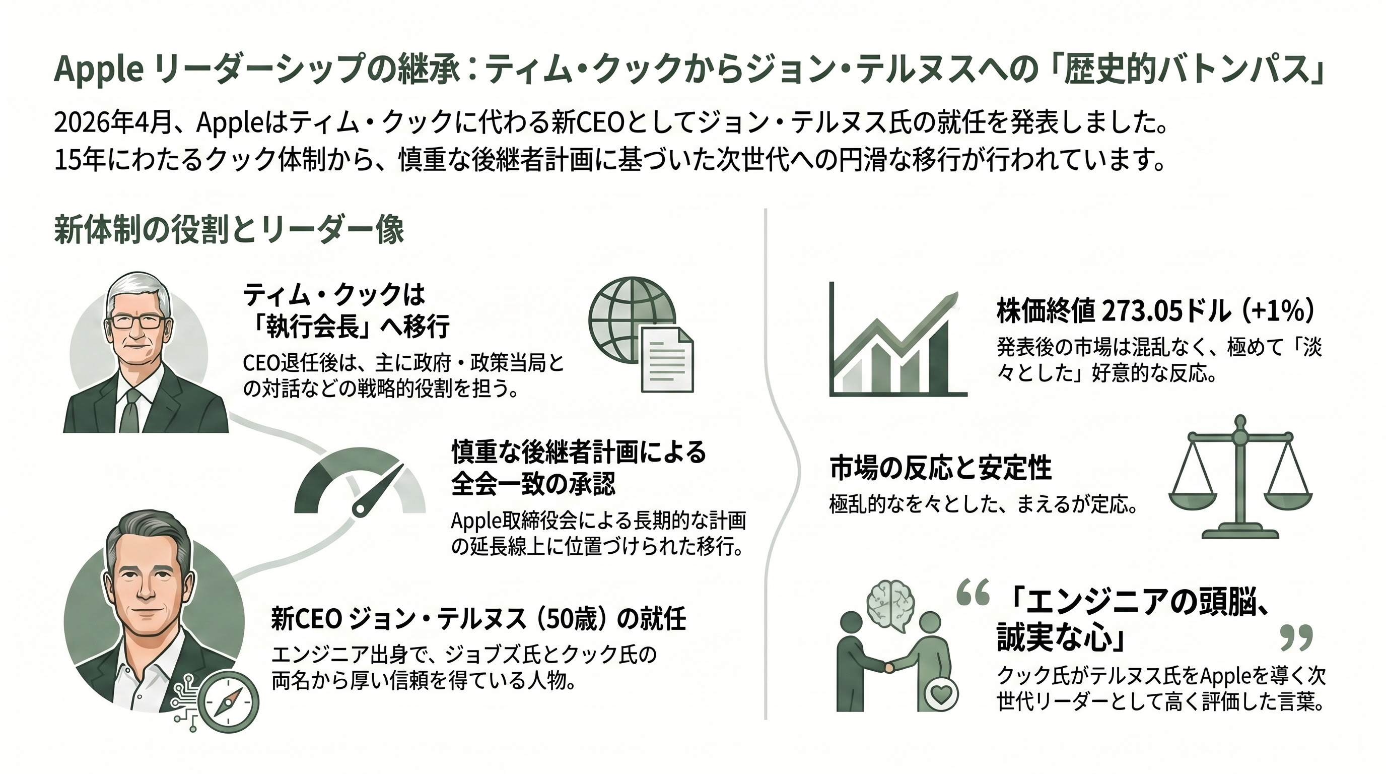 Apple CEO ティムクック後任、「ジョン・テルヌス（John Ternus）」とはどんな人物か - ティム・クックからジョン・テルヌスへ ― 静かに進んだ「歴史的バトンパス」 - 章扉