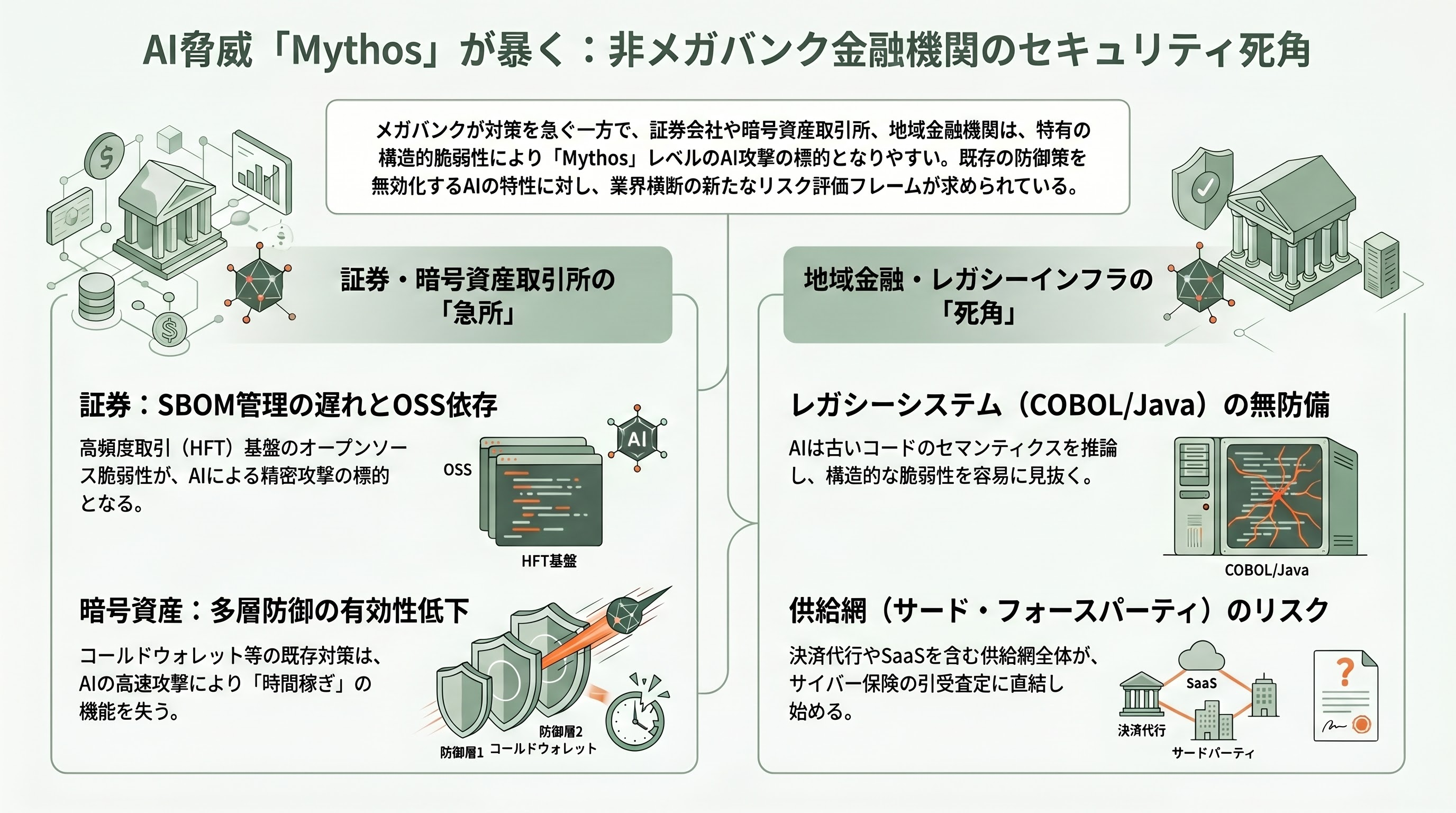 片山さつき金融担当大臣と3メガバング、日本版Project Glasswing設置。神か悪魔か、Claude Mythos(ミソス/ミトス)への備え - メガバンク以外は安全か——証券会社・暗号資産取引所の死角 - 章扉
