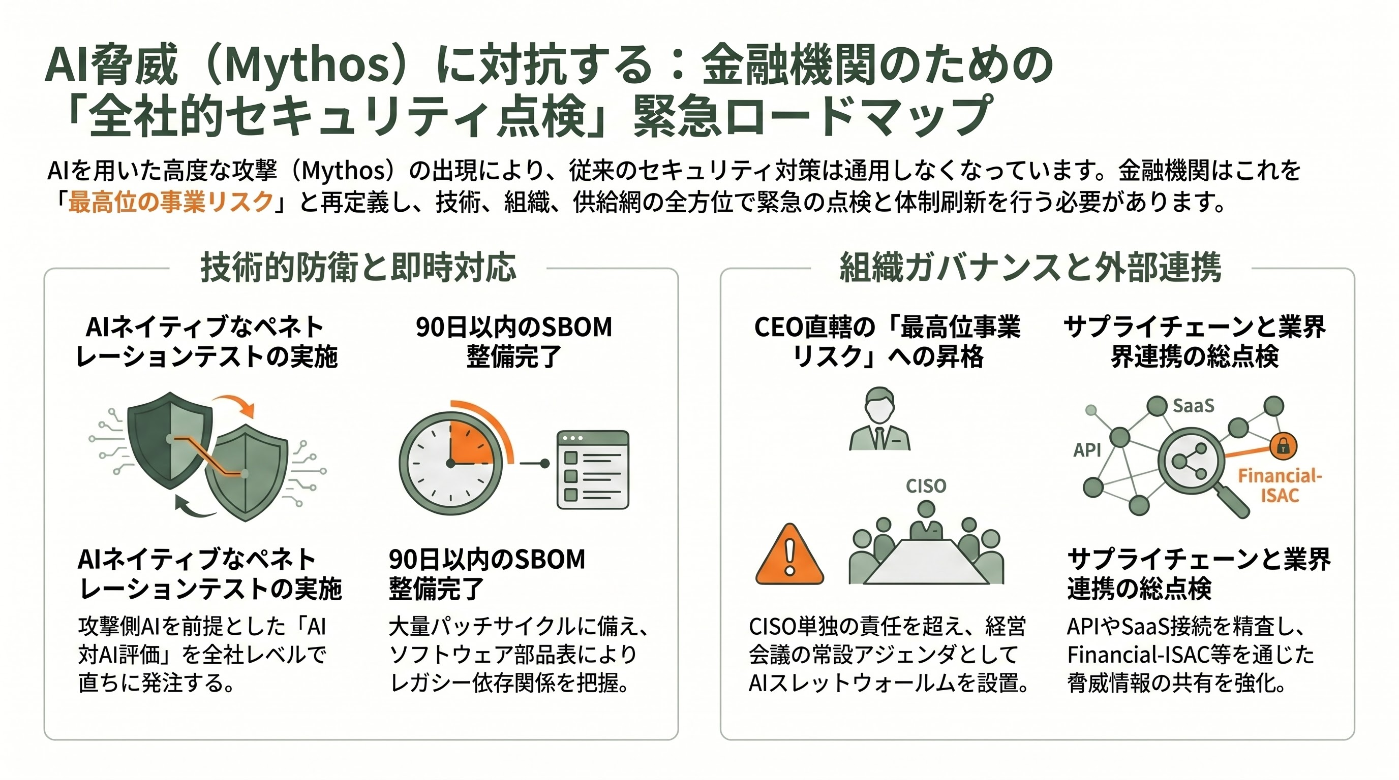 片山さつき金融担当大臣と3メガバング、日本版Project Glasswing設置。神か悪魔か、Claude Mythos(ミソス/ミトス)への備え - 今、何をすべきか——全社的セキュリティ点検の必須化 - 章扉