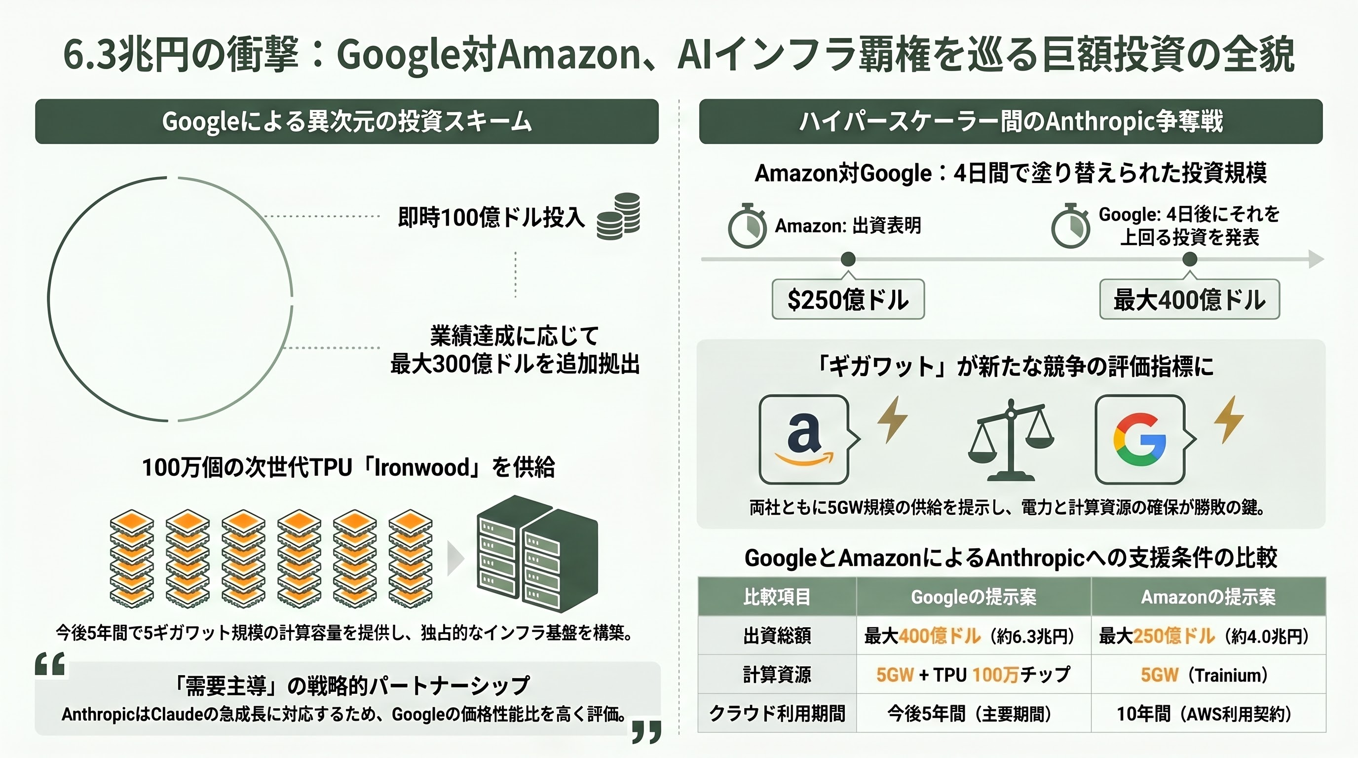 米Google、Claude CodeのAnthropic社に最大6.3兆円の出資。一方、ソフトバンクGはOpenAI株を担保に1.6兆円の調達を模索 - 6.3兆円の電撃発表 ― Googleが描く「インフラ覇権」の青写真 - 章扉