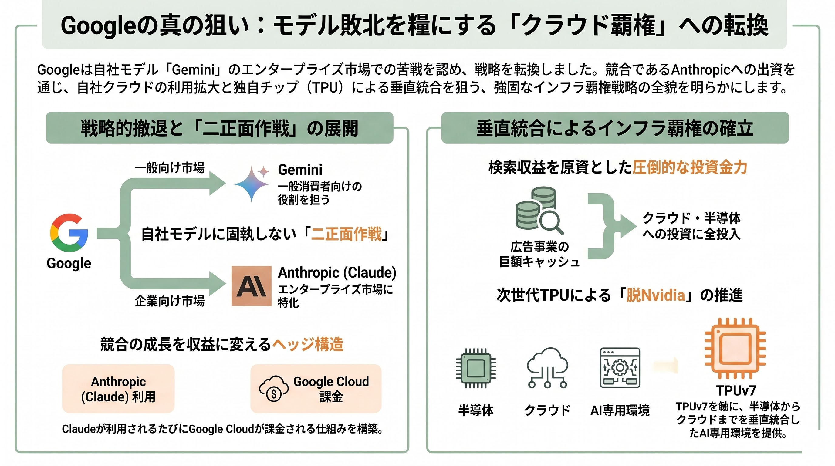 米Google、Claude CodeのAnthropic社に最大6.3兆円の出資。一方、ソフトバンクGはOpenAI株を担保に1.6兆円の調達を模索 - Googleの真の狙い ― Geminiの不振を逆手に取ったクラウド覇権戦略 - 章扉