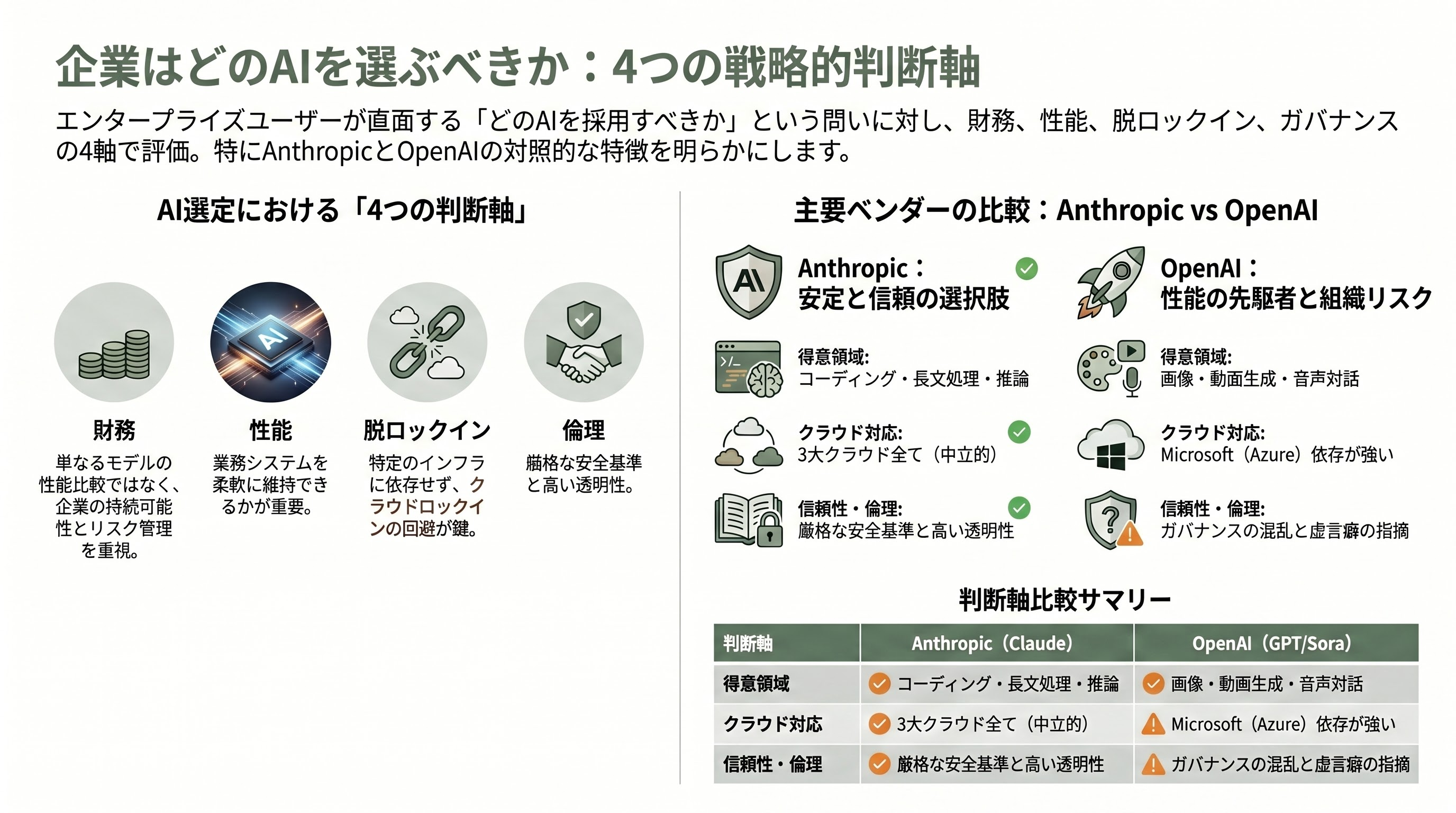 米Google、Claude CodeのAnthropic社に最大6.3兆円の出資。一方、ソフトバンクGはOpenAI株を担保に1.6兆円の調達を模索 - 企業はどのAIを選ぶべきか ― 4つの判断軸 - 章扉
