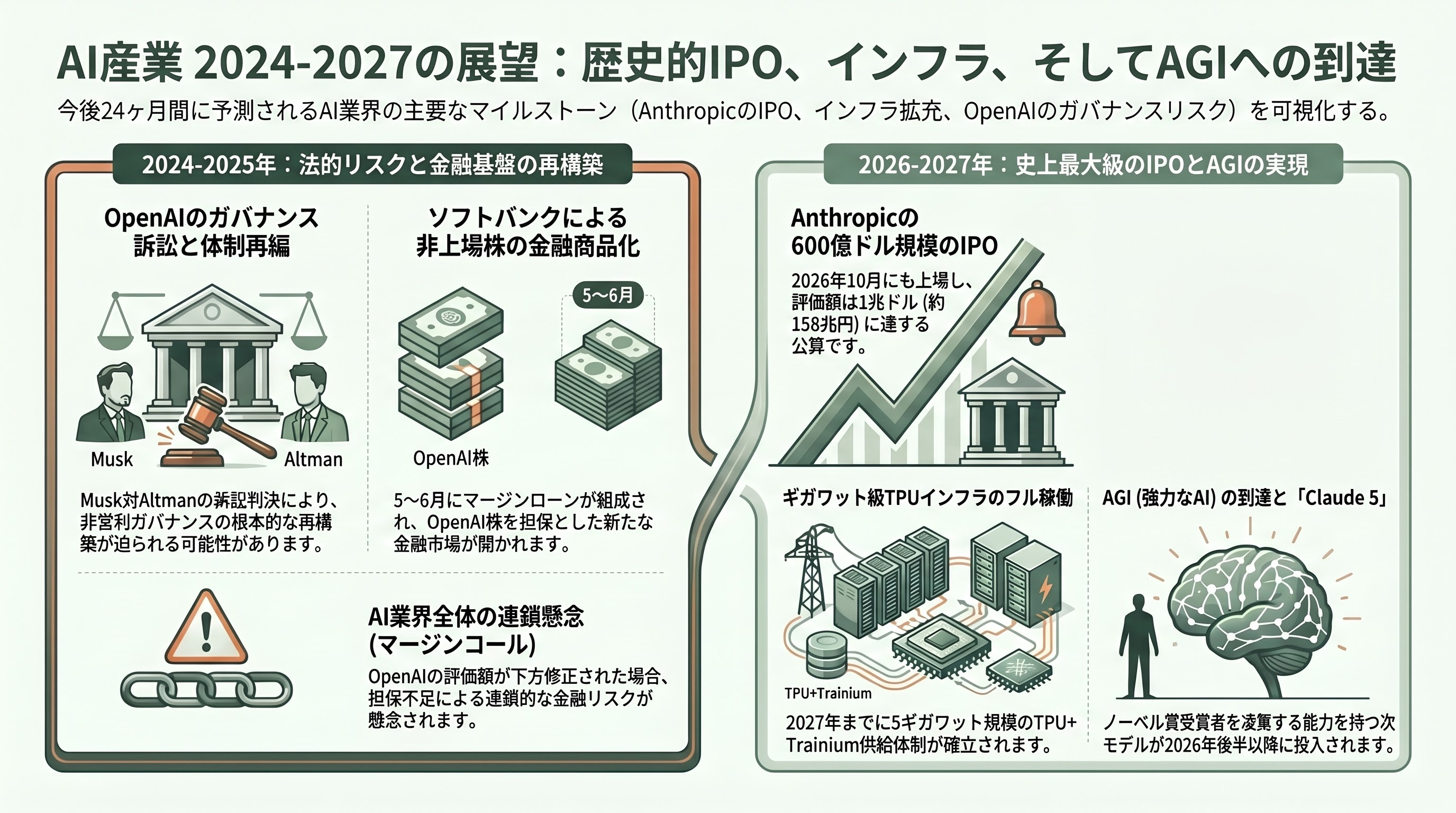 米Google、Claude CodeのAnthropic社に最大6.3兆円の出資。一方、ソフトバンクGはOpenAI株を担保に1.6兆円の調達を模索 - 今後の展開 ― IPO、TPU供給開始、AGI到達までのカウントダウン - 章扉