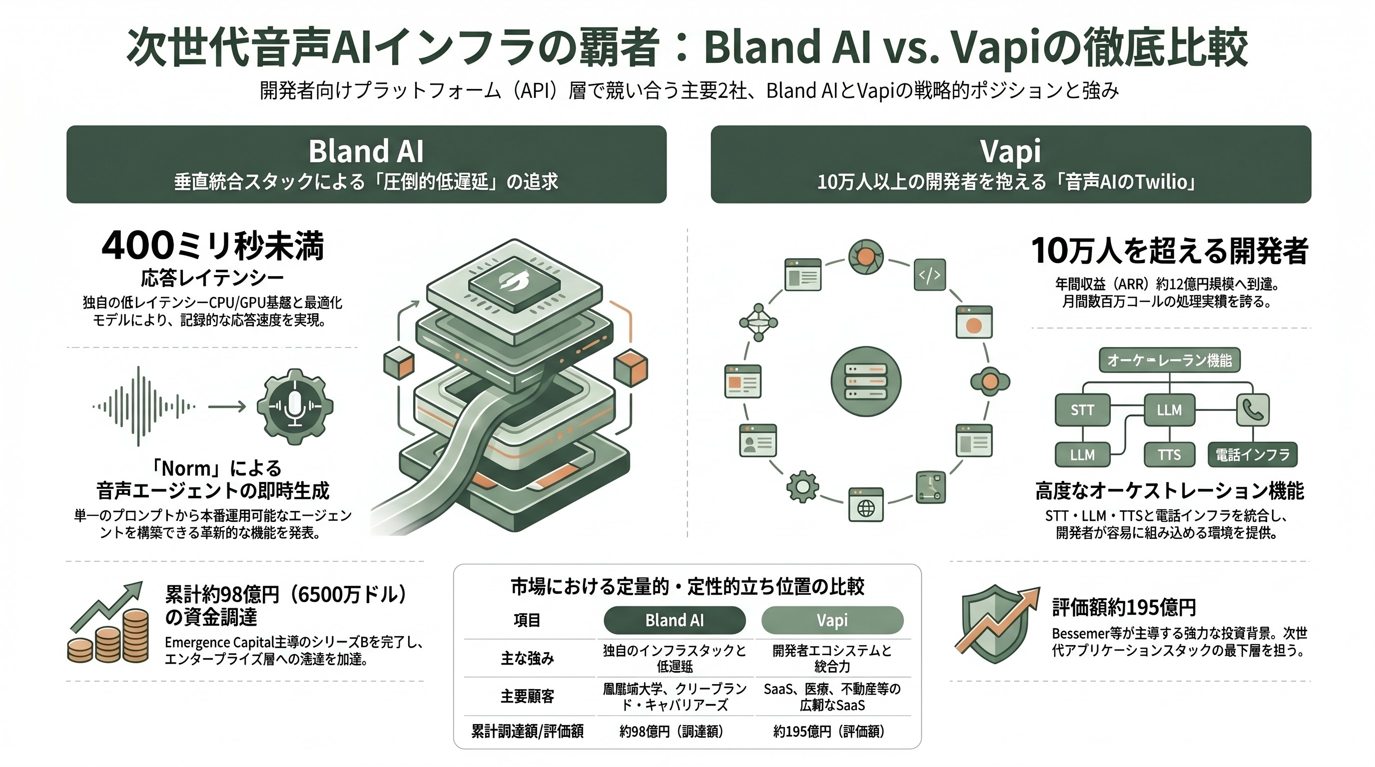 コールセンターのAI化。自律型音声AIエージェント（Sierra、Bland AI、Vapi）、インテリジェント・エージェント・アシスト（Cresta、Gong） - Bland AIとVapi：開発者プラットフォーム層で競う「Twilio／Stripe方式」 - 章扉