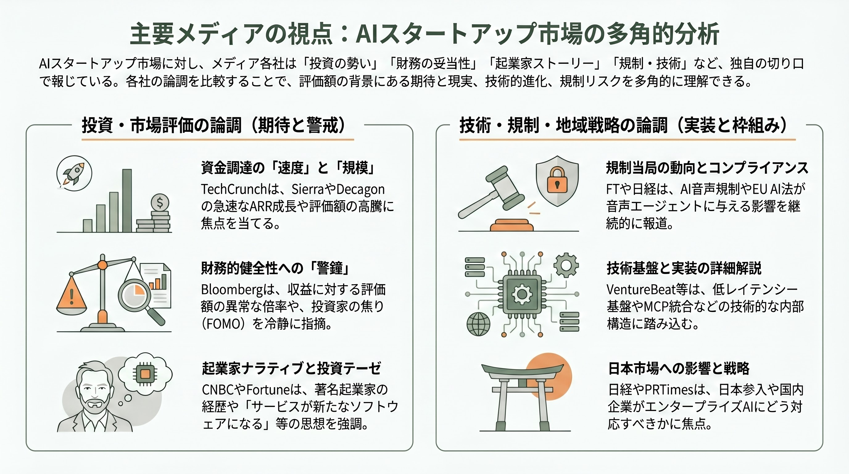 コールセンターのAI化。自律型音声AIエージェント（Sierra、Bland AI、Vapi）、インテリジェント・エージェント・アシスト（Cresta、Gong） - 各メディアの論調：Bloomberg、TechCrunch、Fortune、Financial Timesの視点 - 章扉