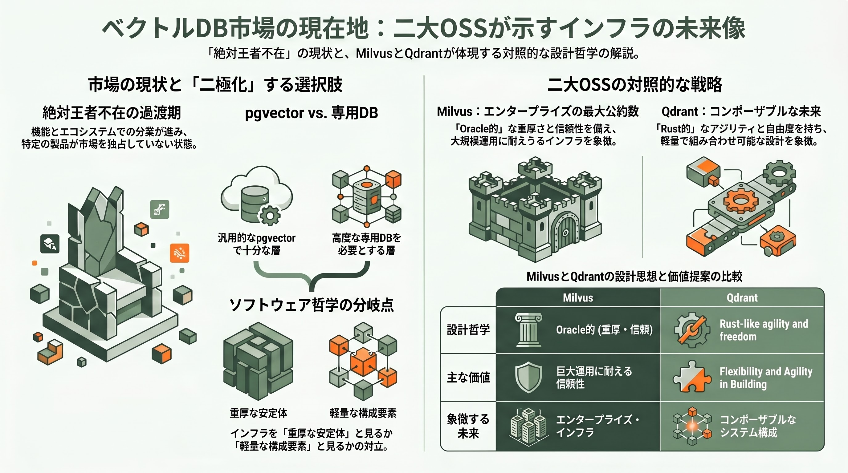 拡がるOSSのRAG。ベクトルDB界のOracleの異名「Milvus」とアジアで爆発的に普及する「Qdrant」 - まとめ：「主役不在」だからこそ際立つ二つのOSS - 章扉