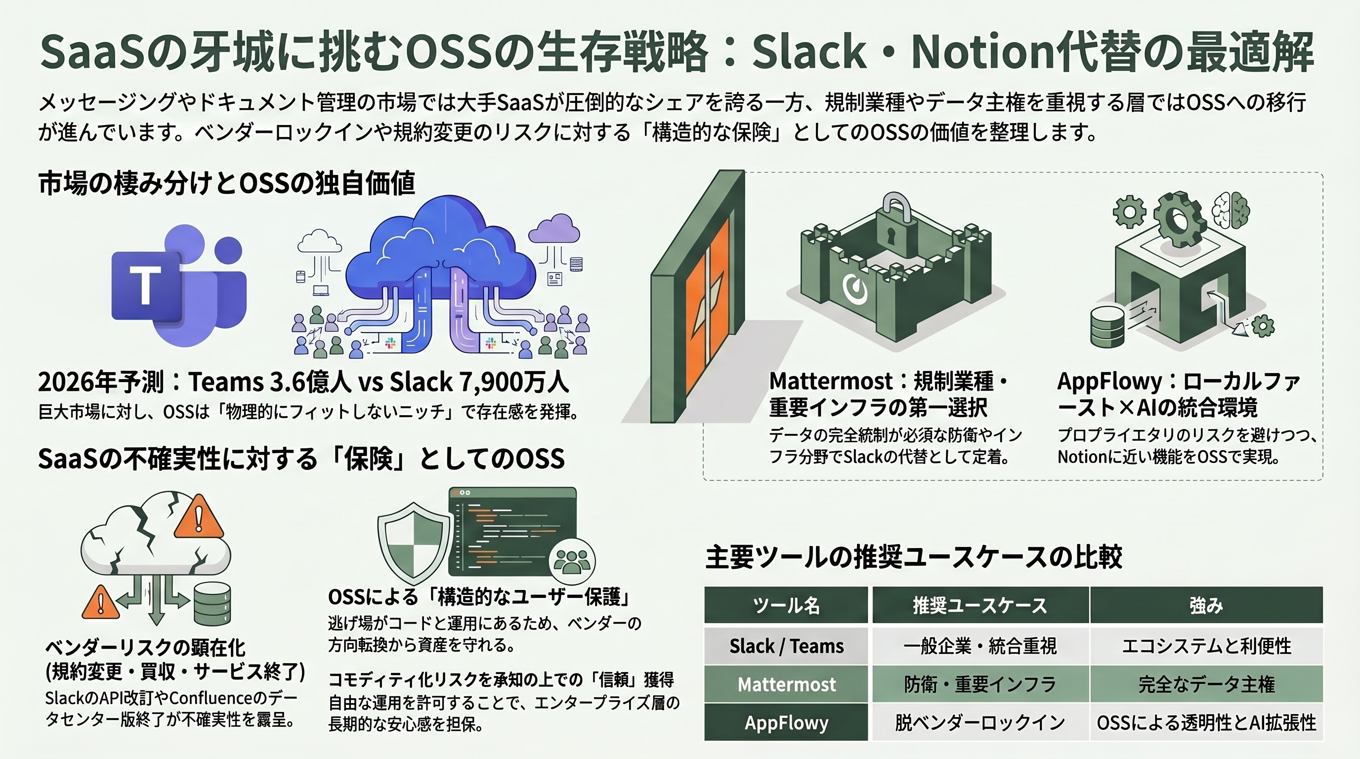 データ主権・セルフホスト時代に注目を浴びるSlack代替「Mattermost」とNotion代替「AppFlowy」 - 競合環境——SlackとNotionの牙城をどう削るか - 章扉