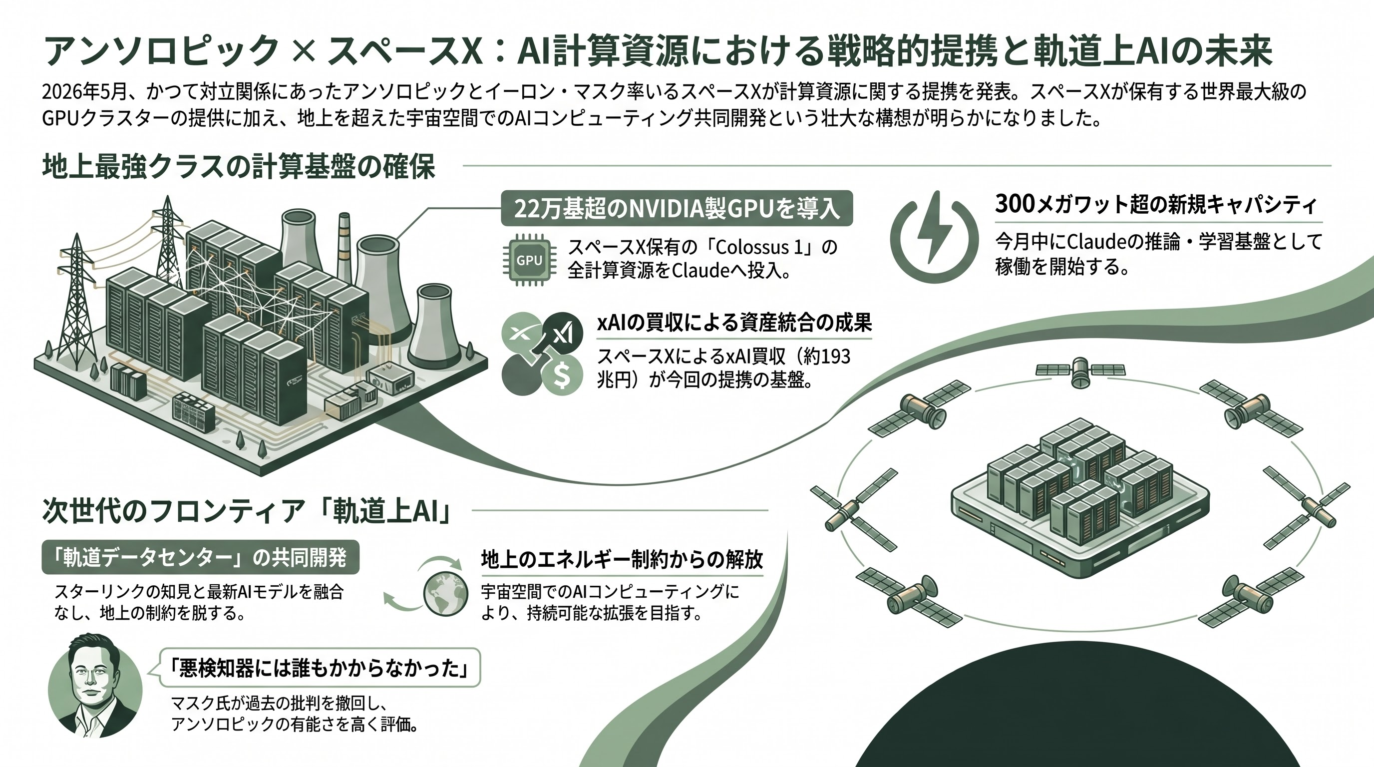 Claude Codeの上限2倍へ。イーロン・マスク氏のスペースX、アンソロピックに計算資源提供。マスク対アルトマン裁判。神々たちの戦い。 - 衝撃の発表 ― 反目していた両者がつながった日 - 章扉
