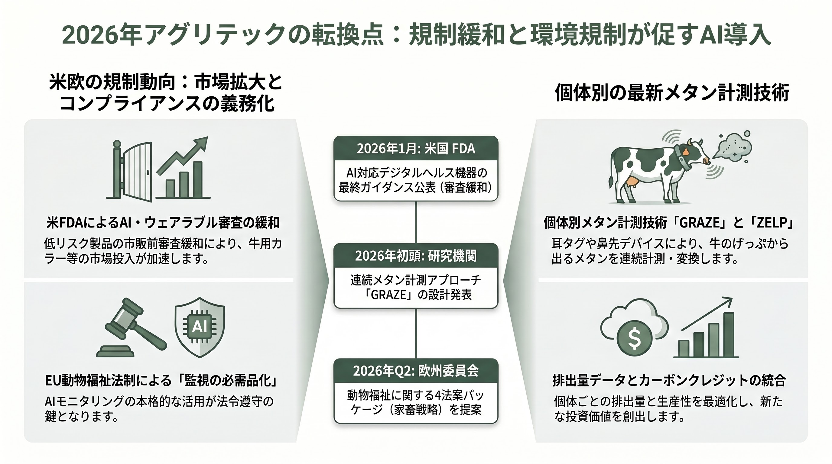家畜向けウェアラブル端末から情報を収集、ライブストック・エソロジーAI（家畜行動解析） - 規制と環境 ― FDA 緩和、EU 動物福祉、メタン削減の交差 - 章扉