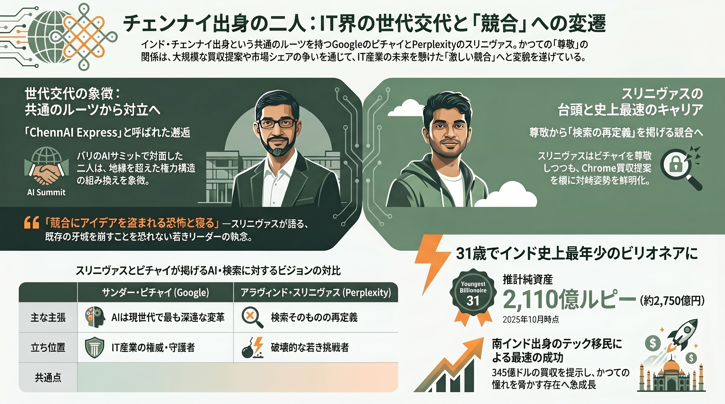 Perplexity 共同創業者CEO アラヴィンド・スリニヴァス（Aravind Srinivas）、Google サンダー・ピチャイCEOと同じチェンナイ出身 - 「同じチェンナイ出身」が象徴する世代交代 - 章扉