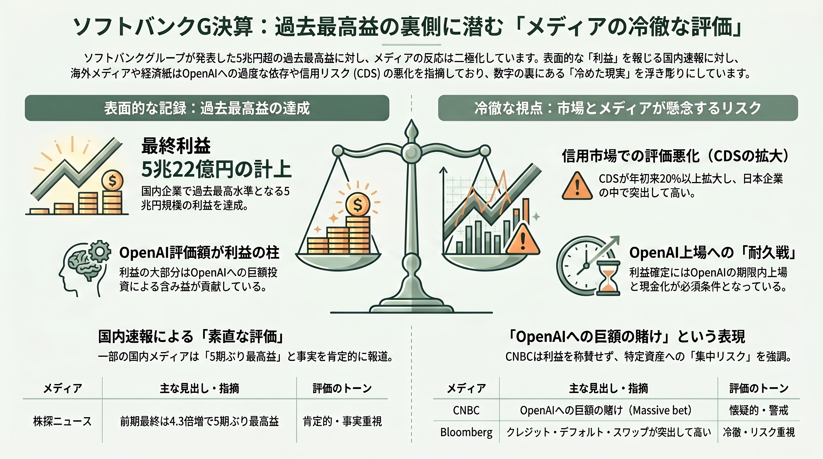 ソフトバンクG（TYO: 9984）、純利益5兆円超え。国内企業で過去最高 - 各紙はどう報じたか、見出しの裏側に滲む醒めた評価 - 章扉