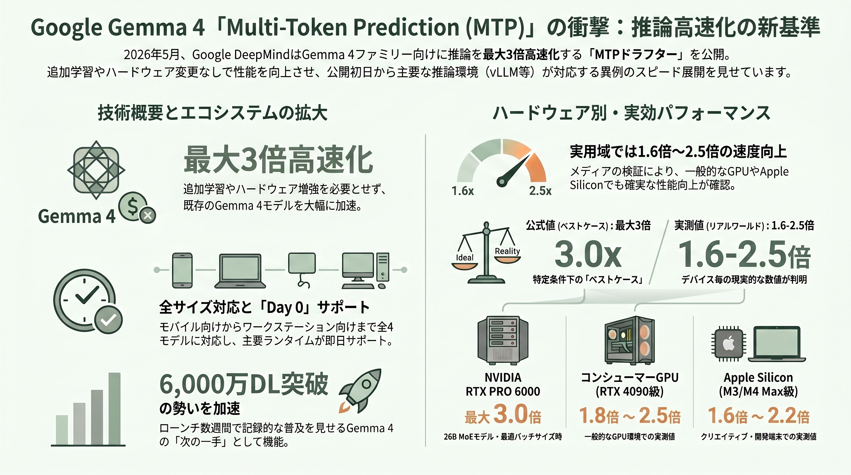 LLM版Ajax？Google Gemma4向け先読み技術 Multi-Token Prediction（MTP）公開。推論を最大3倍高速化 - ニュースの全体像：5月5日、Googleが「先読み」を標準装備に格上げした - 章扉