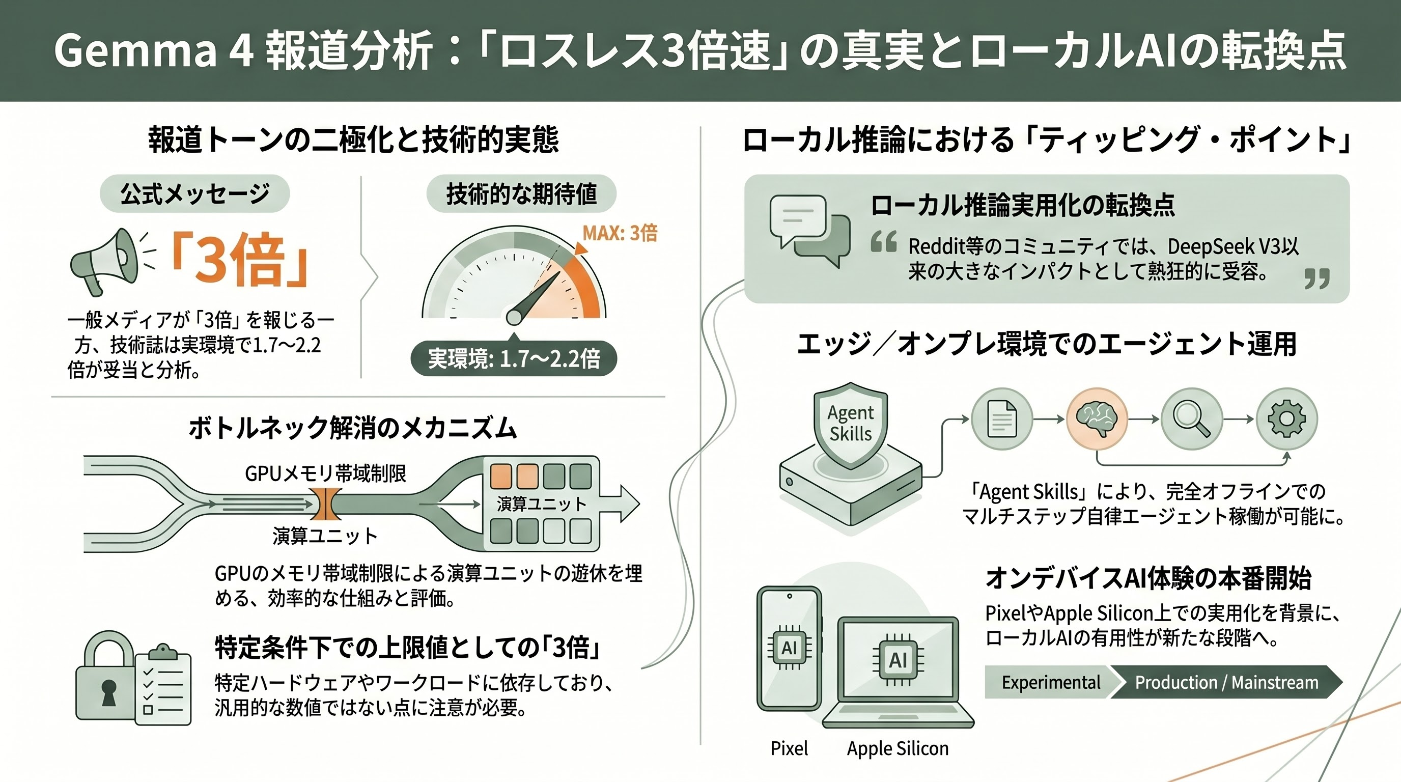 LLM版Ajax？Google Gemma4向け先読み技術 Multi-Token Prediction（MTP）公開。推論を最大3倍高速化 - 報道のトーン：「ロスレス3倍」の出処と冷静な分析 - 章扉