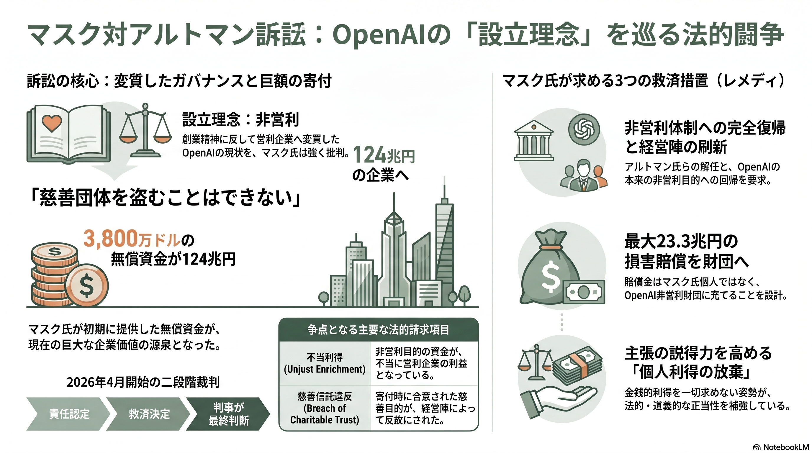マスク対サムアルトマン訴訟に衝撃の進展。サムがReddit、Stripe、Helion Energy、Cerebras SystemsなどOpenAIの主要提携先に個人的に出資 - マスク対アルトマン訴訟とは — 「慈善団体を盗まれた」というイーロンの怒り - 章扉