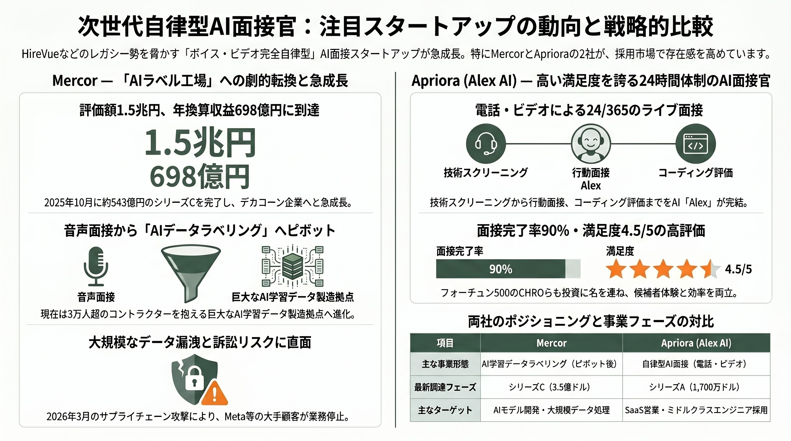 急拡大するAI面接市場。自律型AI面接官 HireVue、Sierra、Olivia、評価・分析 Metaview、Eightfold.ai、BrightHire、対策 Google Interview Warmup、衝撃のカンペツールInterview.aiまで - 自律型AI面接官 (4) 新興勢力 Mercor、Apriora、Alex AIの台頭 - 章扉
