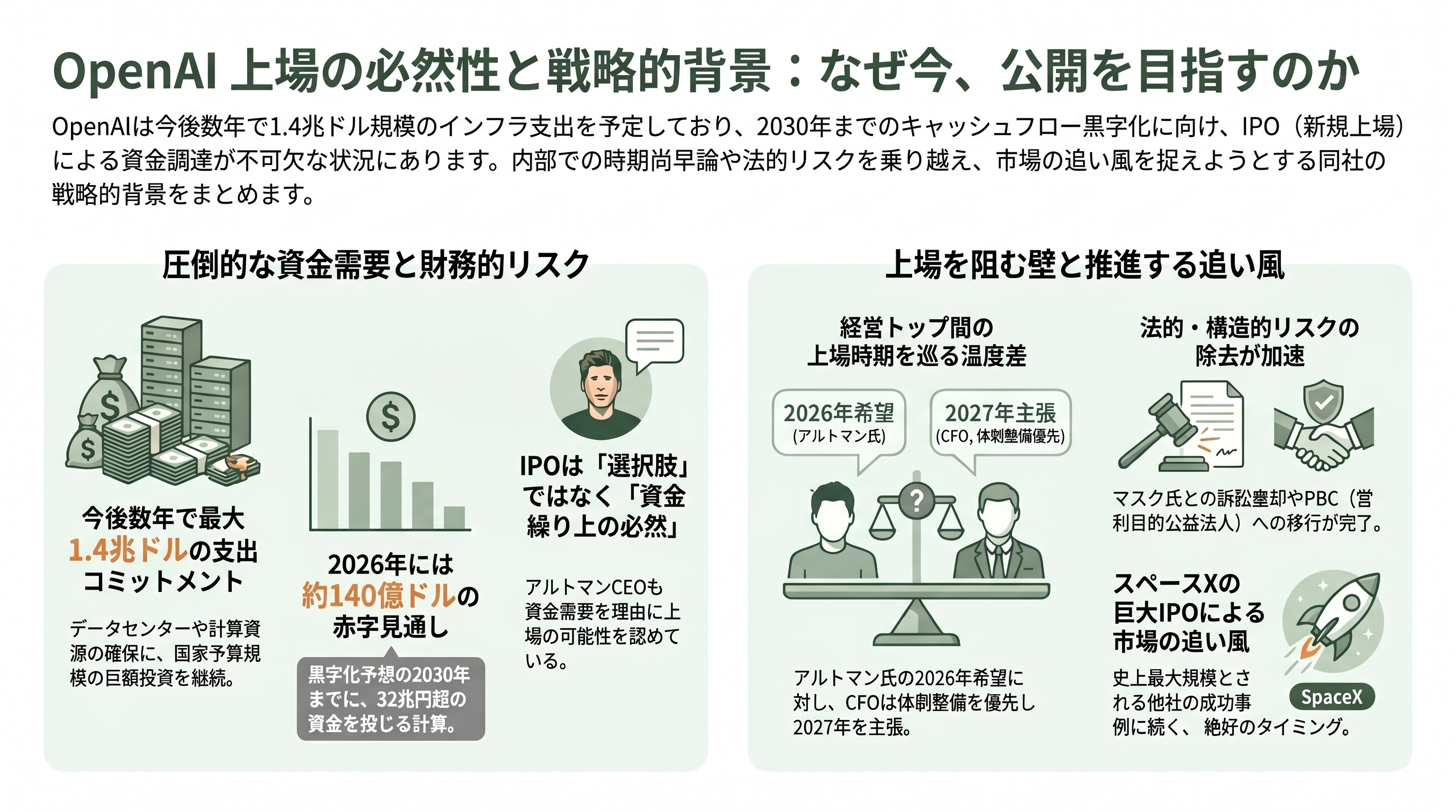 OpenAI早ければ明日22日にも上場申請。9月の上場目指し企業価値は8520億ドル（約135兆円）規模。ゴールドマン・サックスとモルガン・スタンレーがIPO申請手続き支援 - OpenAIはどこまで来たのか — 10年で「6人」から世界最大級へ - 章扉