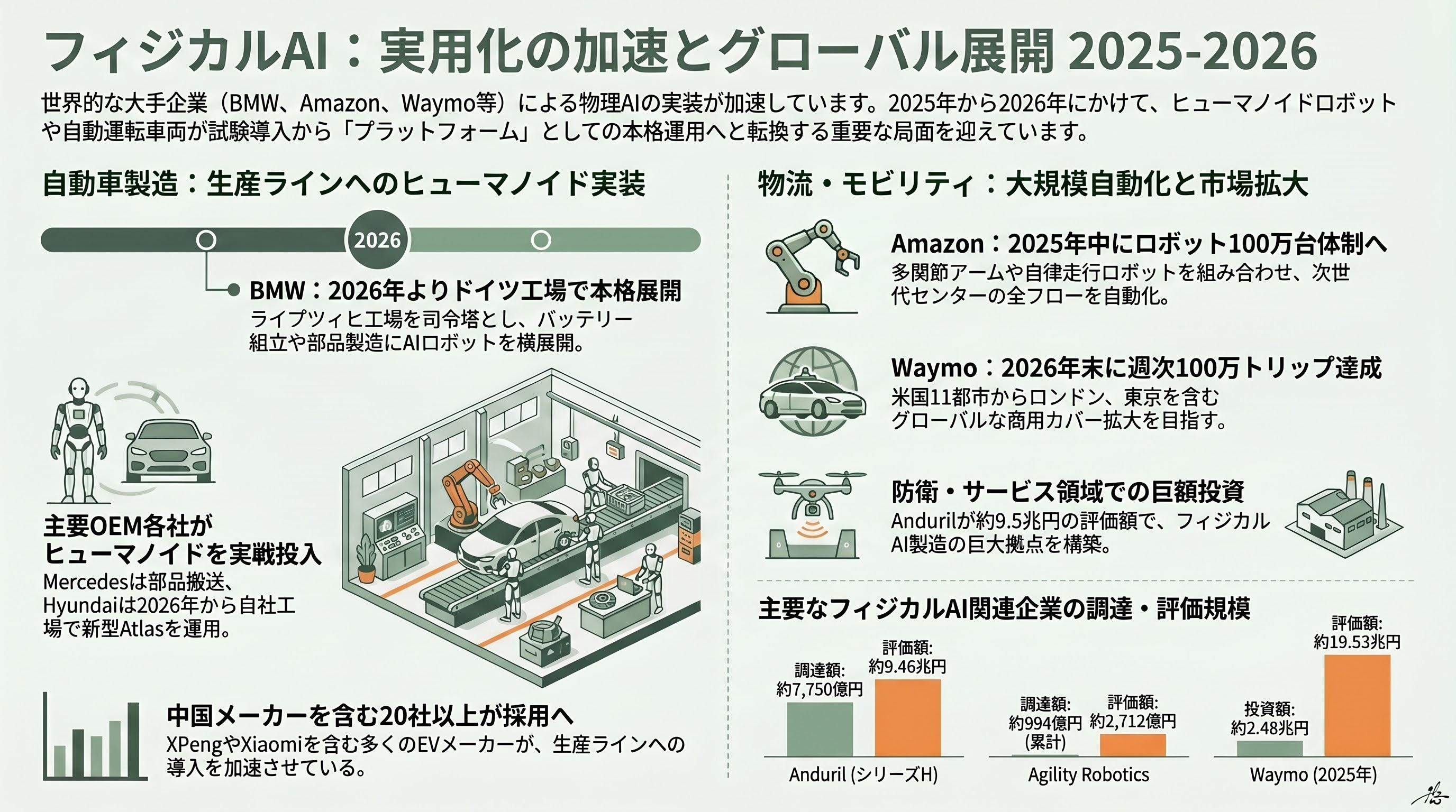 フィジカルAI業界の隆盛と本格的な実用化事例、残る課題 - 本格的な実用化事例：BMW、メルセデス、現代自、Amazon、空港への展開 - 章扉