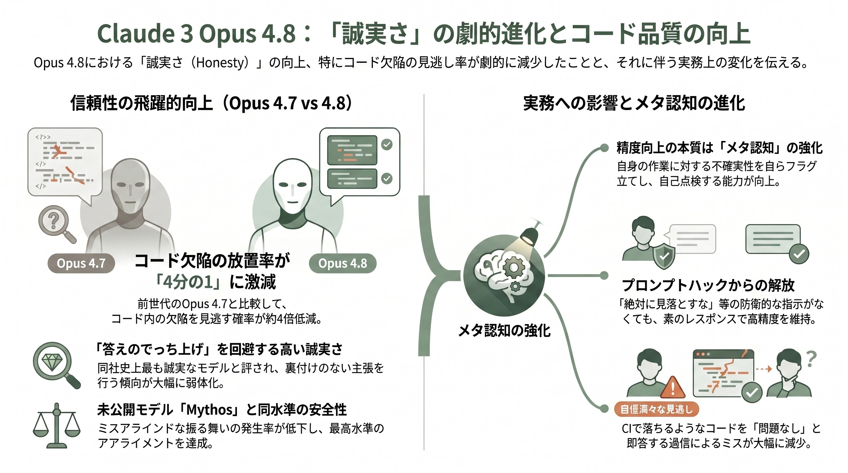 Claude Opus 4.8、正式リリース。価格そのまま。誠実さ(Honesty)の向上、エージェント能力の飛躍、エフォート・コントロール(Effort Control) - 誠実さ(Honesty)— ハルシネーションの「コード欠陥放置率」が4分の1に - 章扉