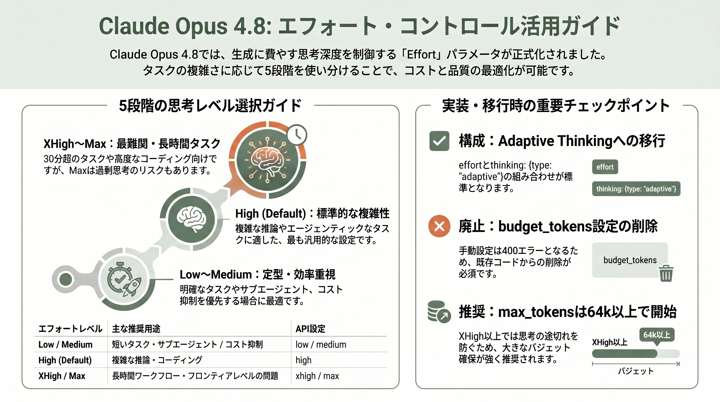 Claude Opus 4.8、正式リリース。価格そのまま。誠実さ(Honesty)の向上、エージェント能力の飛躍、エフォート・コントロール(Effort Control) - エフォート・コントロール(Effort Control)— 1つのモデルで「考える深さ」を5段階で制御 - 章扉