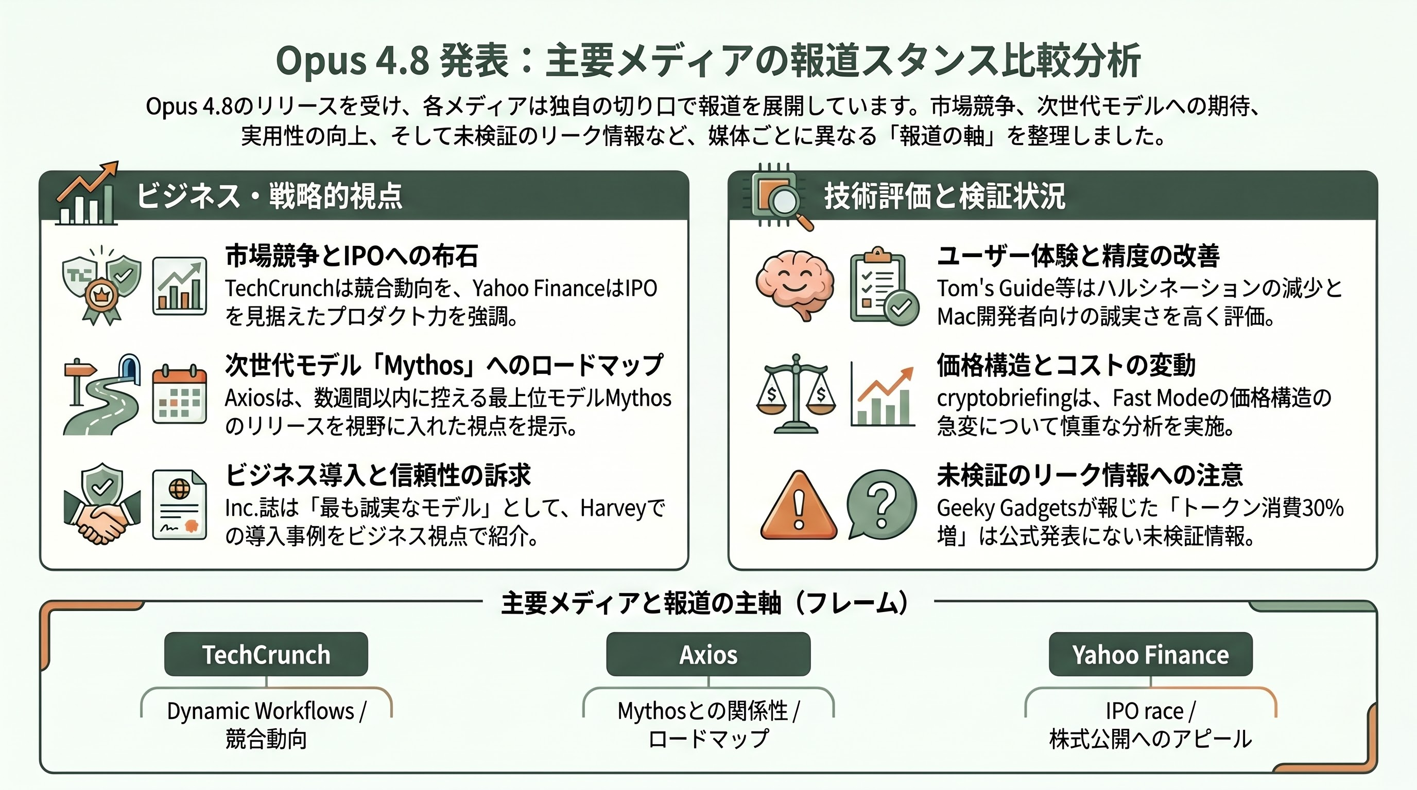 Claude Opus 4.8、正式リリース。価格そのまま。誠実さ(Honesty)の向上、エージェント能力の飛躍、エフォート・コントロール(Effort Control) - 各メディアの報道スタンス比較 - 章扉