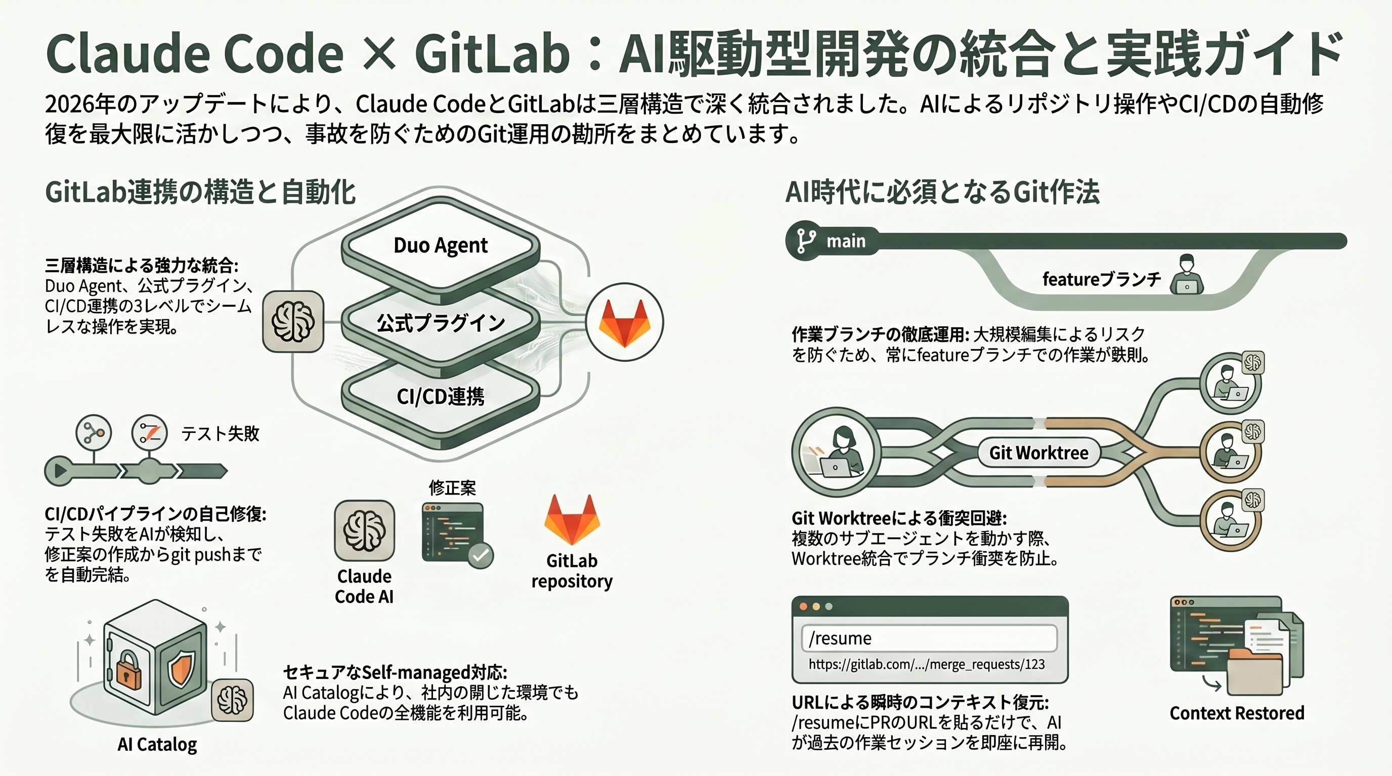 Claude Code徹底解説。プランからセットアップ、各種.mdやMCPやCLIの利用、使い方のコツやテクニックまで。 - GitLab連携と、Claude Codeを使いこなすGitの基礎 - 章扉