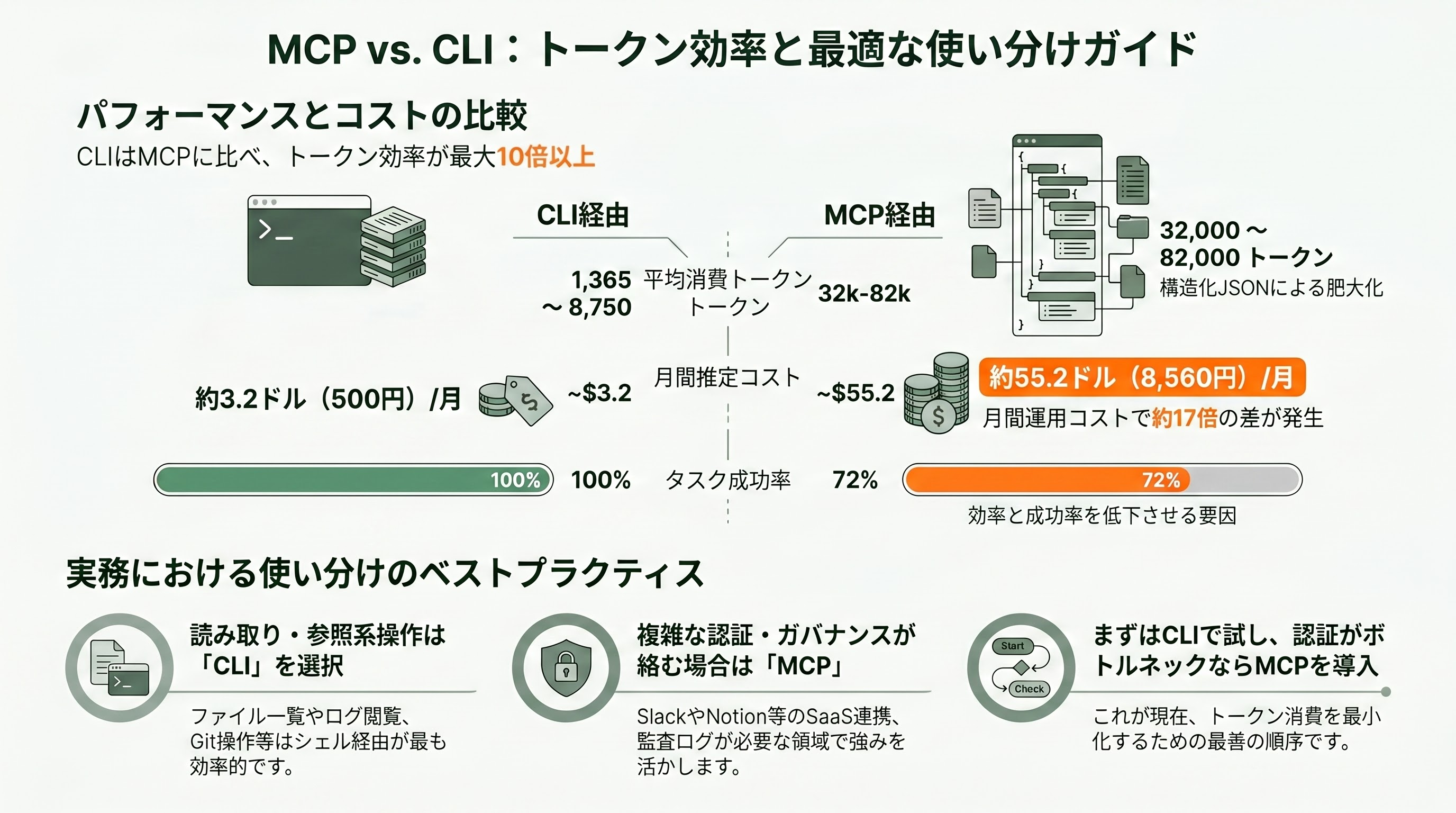 Claude Code徹底解説。プランからセットアップ、各種.mdやMCPやCLIの利用、使い方のコツやテクニックまで。 - MCPとCLIの違い — トークン効率と使い分け - 章扉