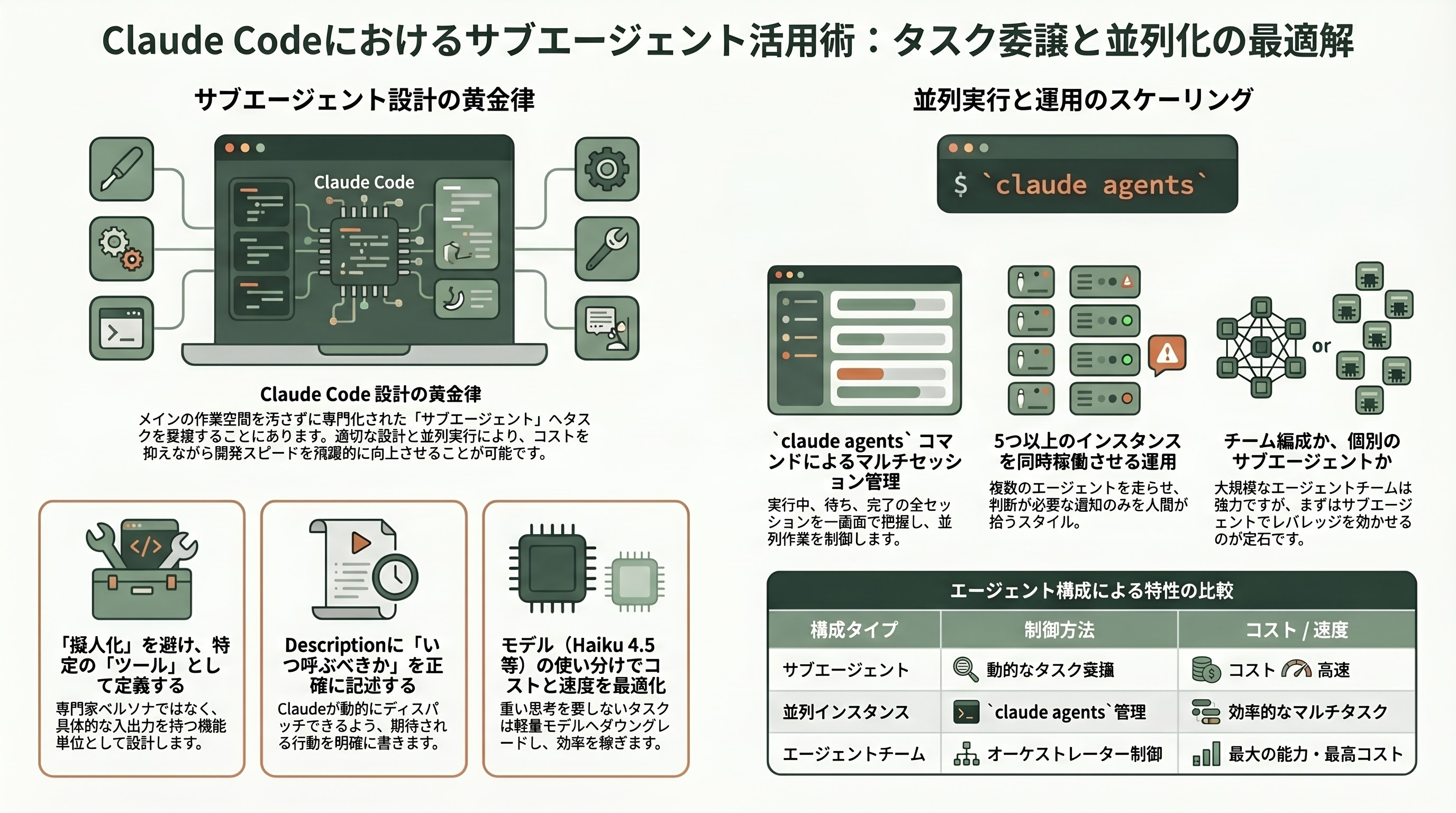 Claude Code徹底解説。プランからセットアップ、各種.mdやMCPやCLIの利用、使い方のコツやテクニックまで。 - エージェントとサブエージェント — タスク委譲と並列化 - 章扉