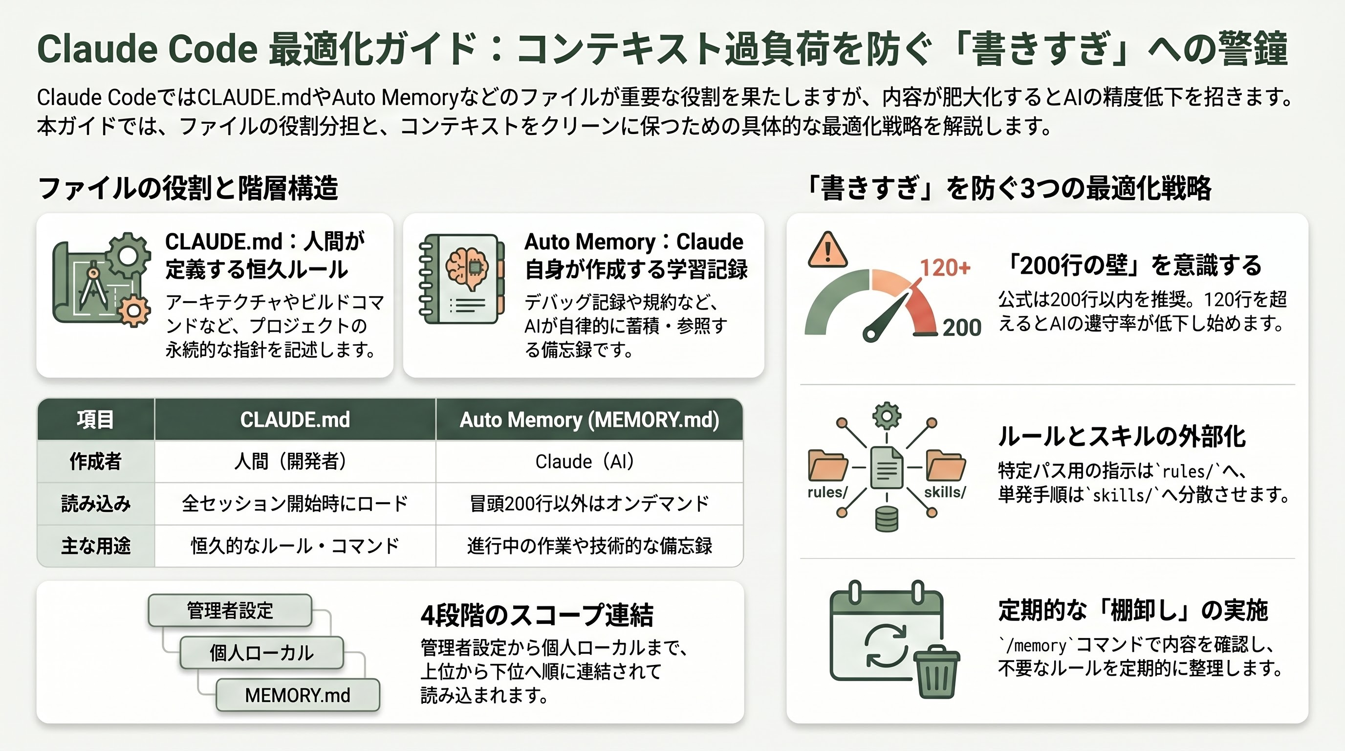 Claude Code徹底解説。プランからセットアップ、各種.mdやMCPやCLIの利用、使い方のコツやテクニックまで。 - 各種.mdファイルの使い分けと、書きすぎ問題への警鐘 - 章扉