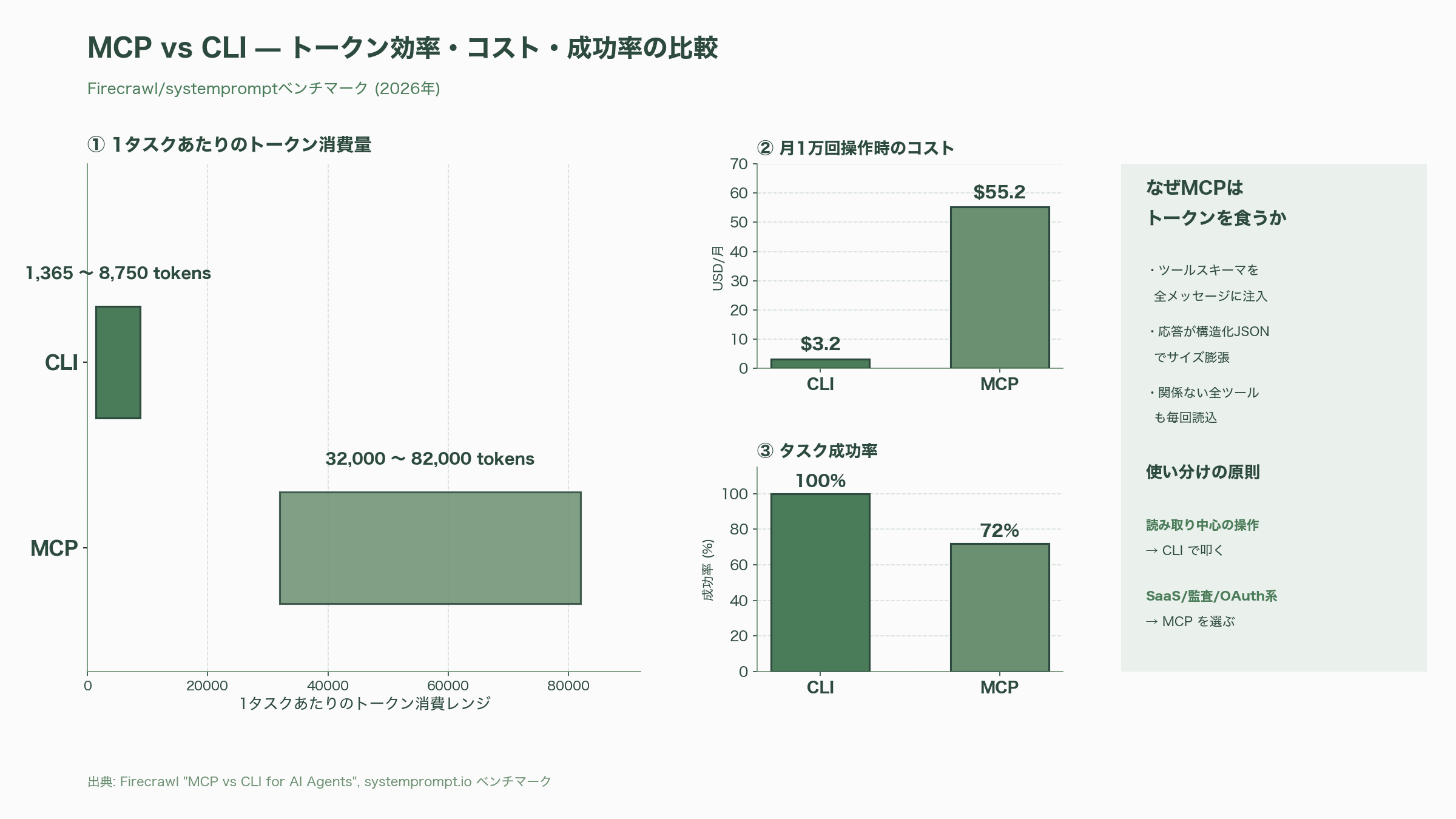 Claude Code徹底解説。プランからセットアップ、各種.mdやMCPやCLIの利用、使い方のコツやテクニックまで。 - MCPとCLIの違い — トークン効率と使い分け - 図表1