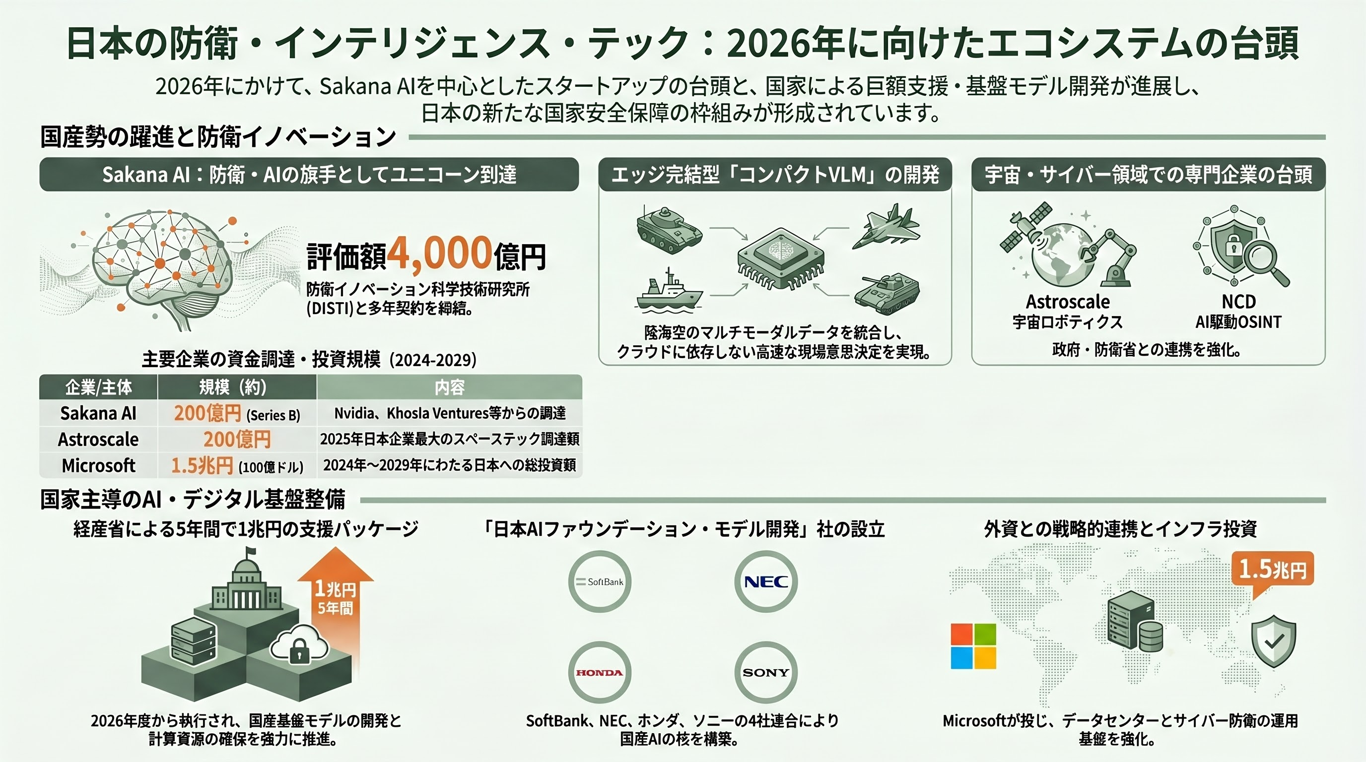 国家情報会議・国家情報局、設置法可決。内閣情報調査室を改編し、700人規模で夏にも設置へ - Sakana AI・Astroscale・Nihon Cyber Defence——国産勢の参戦 - 章扉
