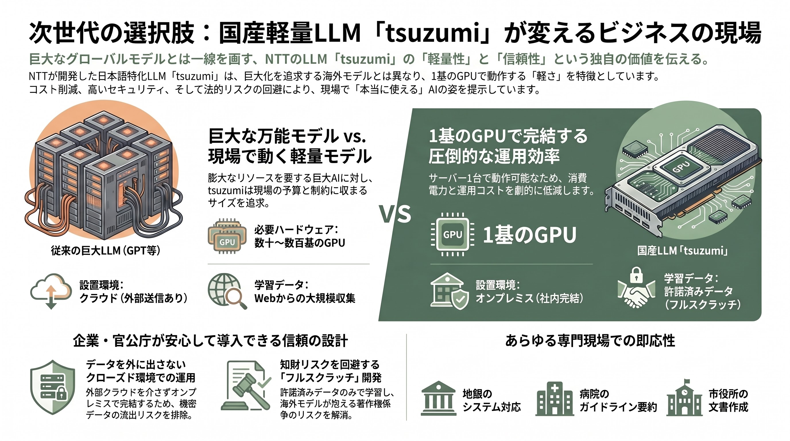 NTTの純国産AI tsuzumi 2、tsuzumi 2 Visionモデルのすべて - tsuzumi(つづみ)とは ― 「大きさ」ではなく「軽さ」で勝負する純国産AI - 章扉