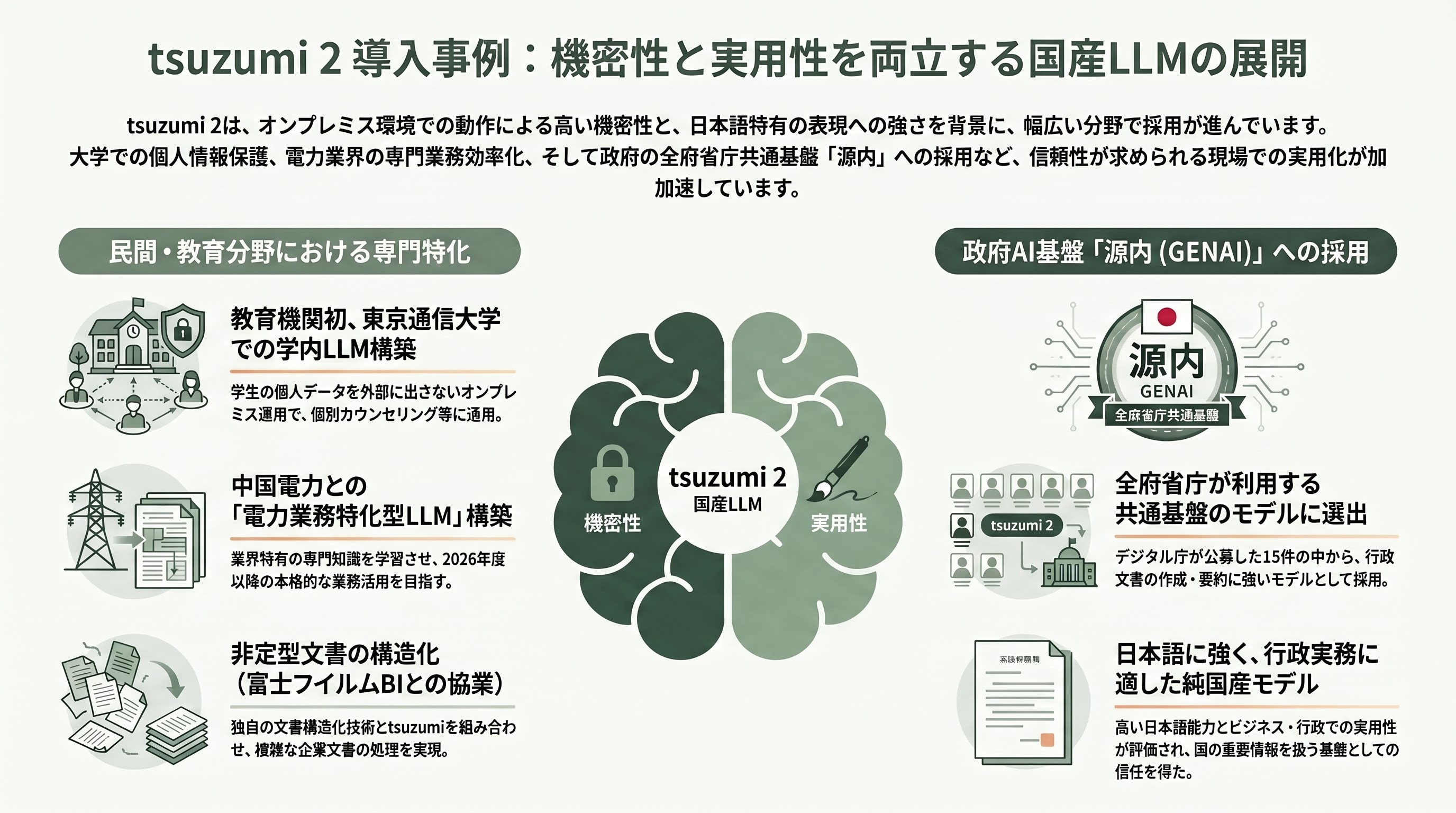 NTTの純国産AI tsuzumi 2、tsuzumi 2 Visionモデルのすべて - 導入事例 ― 大学、電力、そして政府「源内」へ - 章扉