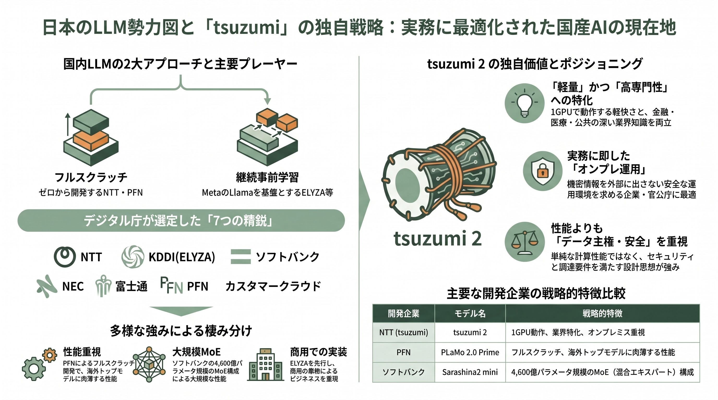 NTTの純国産AI tsuzumi 2、tsuzumi 2 Visionモデルのすべて - 競合する国産LLMの布陣 ― tsuzumiの立ち位置 - 章扉