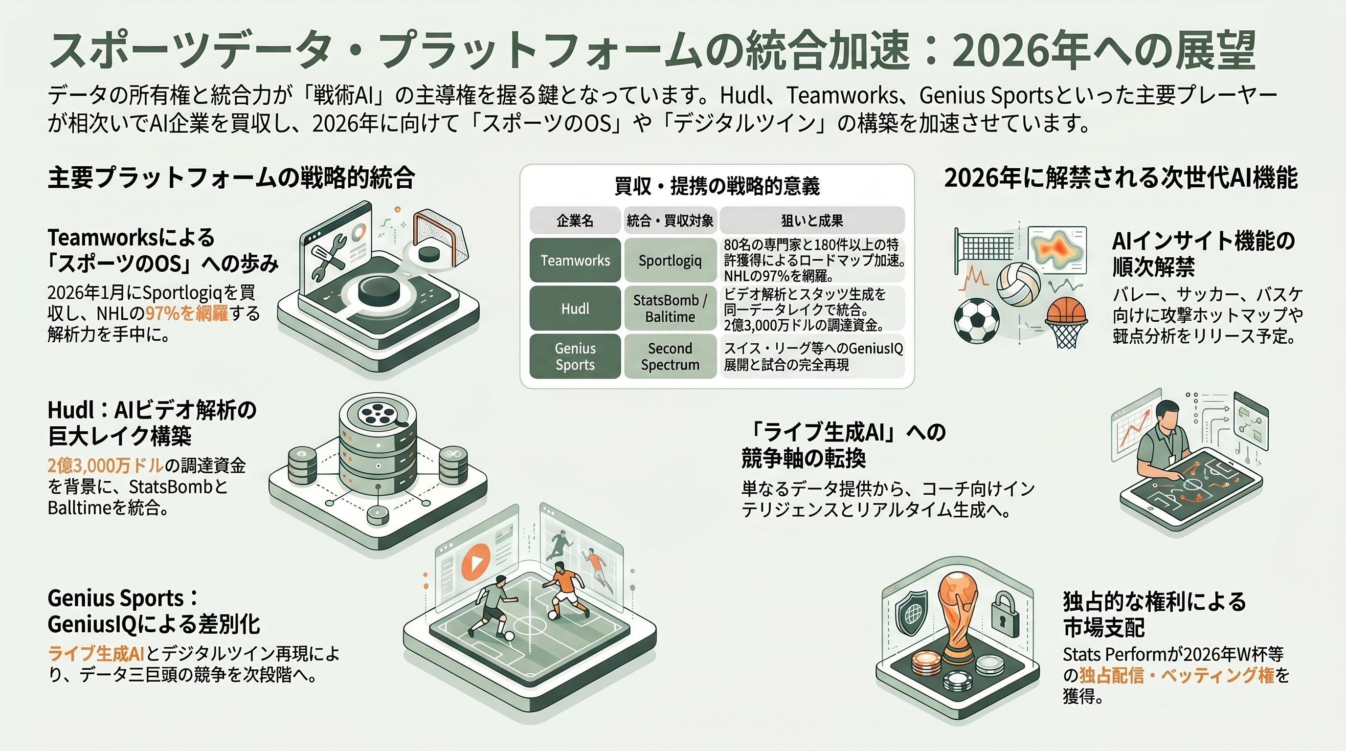 SportsTech（スポーツテック）。ウェアラブル端末、AIによる戦術の自律生成・解析、怪我の予兆検知 - チーム向けデータプラットフォームの統合：Hudl × StatsBomb、Teamworks × Sportlogiq、Genius × Second Spectrum - 章扉