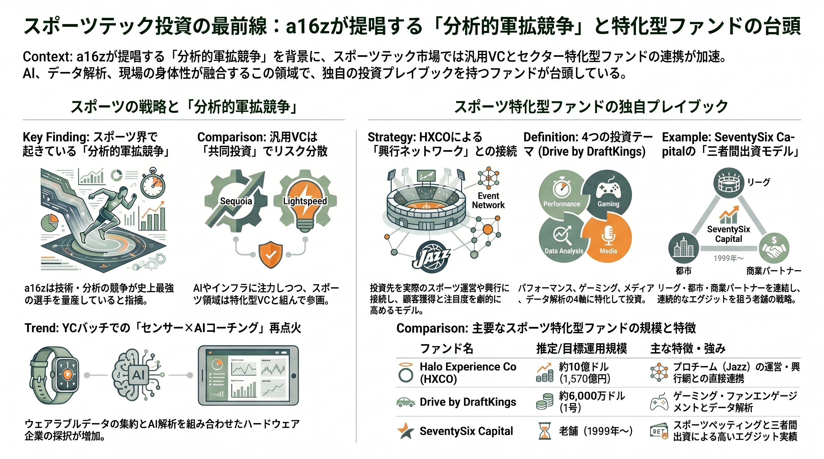 SportsTech（スポーツテック）。ウェアラブル端末、AIによる戦術の自律生成・解析、怪我の予兆検知 - シリコンバレー VC の受け止め：a16z「分析的軍拡競争」、Halo・Drive・SeventySix の理論武装 - 章扉