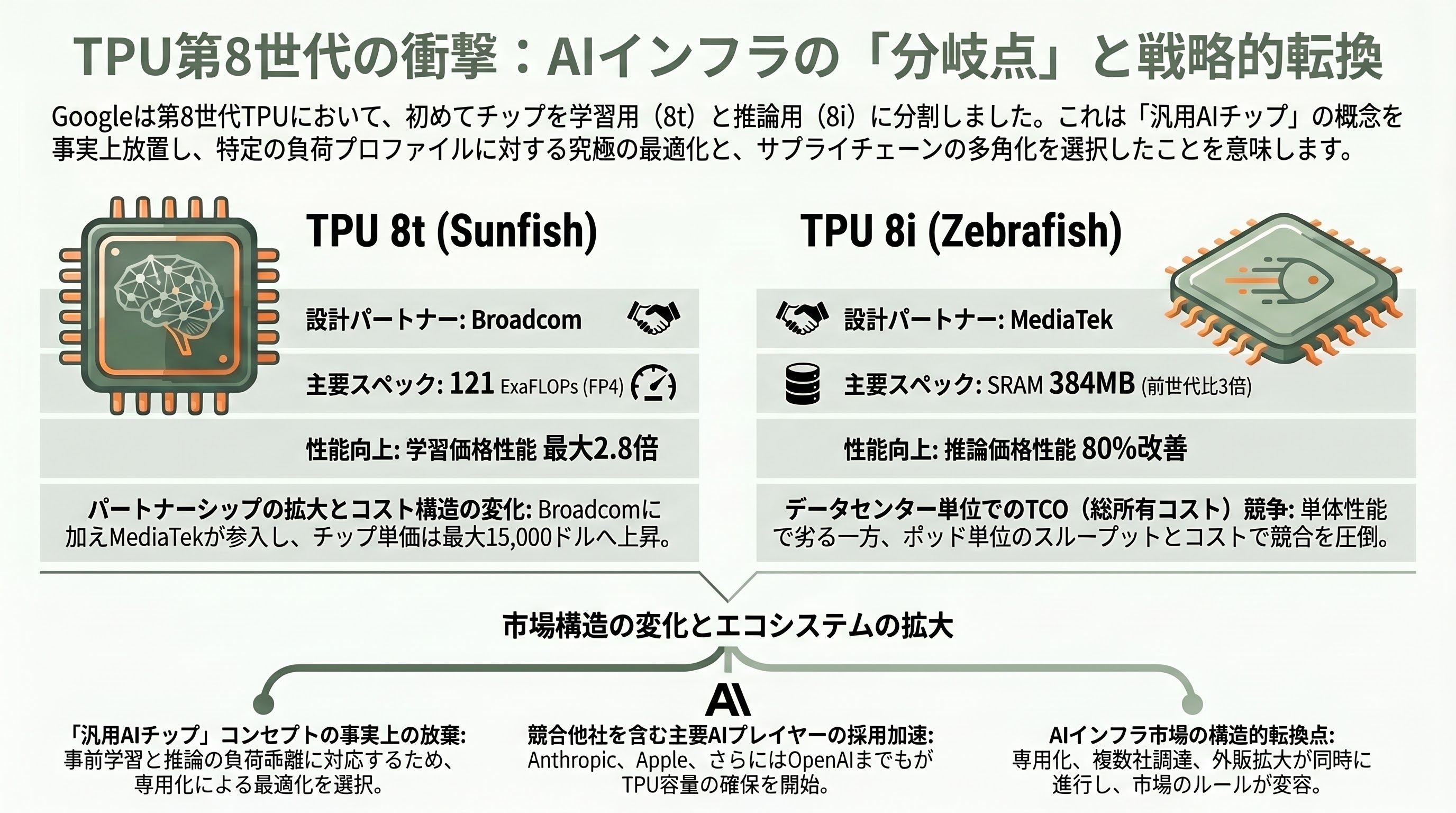 Googleの新型半導体 TPU 8t、TPU 8i - TPU 8t、TPU 8i の衝撃 ― 8世代目で訪れた「分岐点」 - 章扉