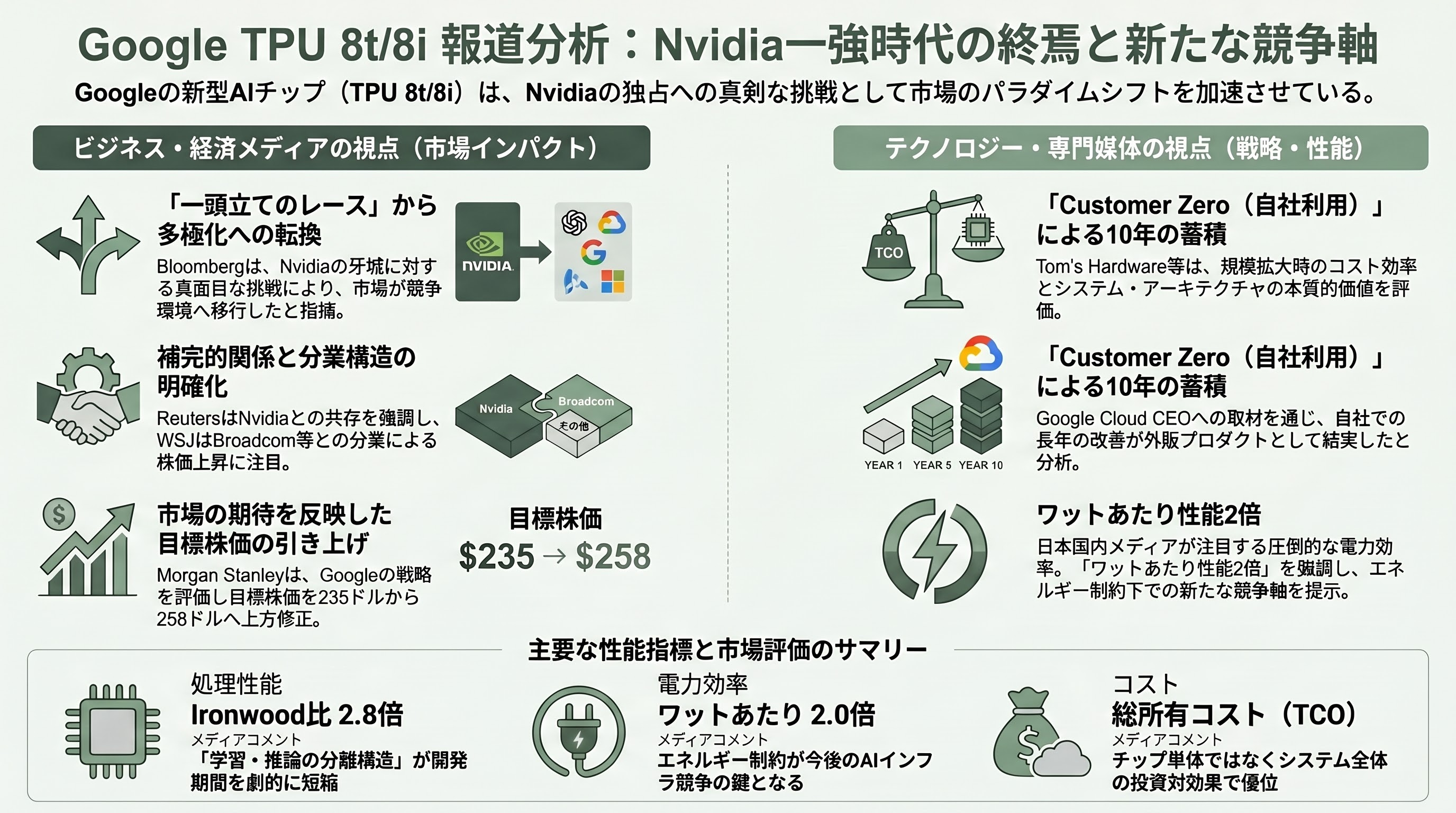Googleの新型半導体 TPU 8t、TPU 8i - 各紙・各サイトの報道スタンス - 章扉