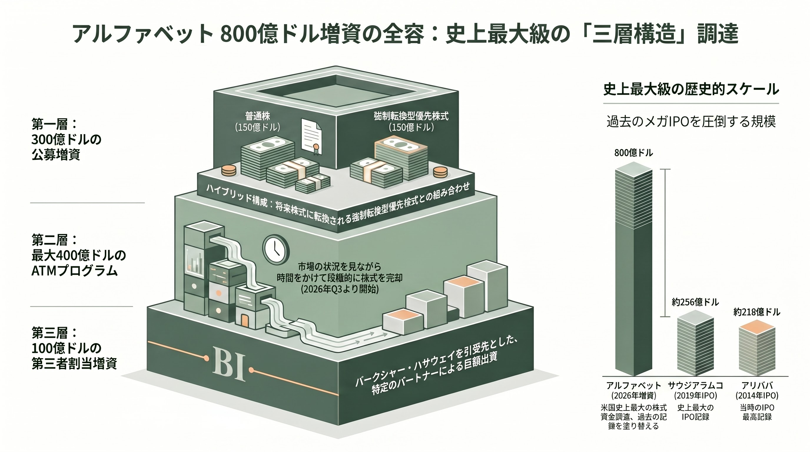 Google親会社Alphabet、総額800億ドル（約12兆円）の資金調達を発表。過去最大級 - 調達の概要——800億ドル増資の「三層構造」と過去最大級の意味 - 章扉