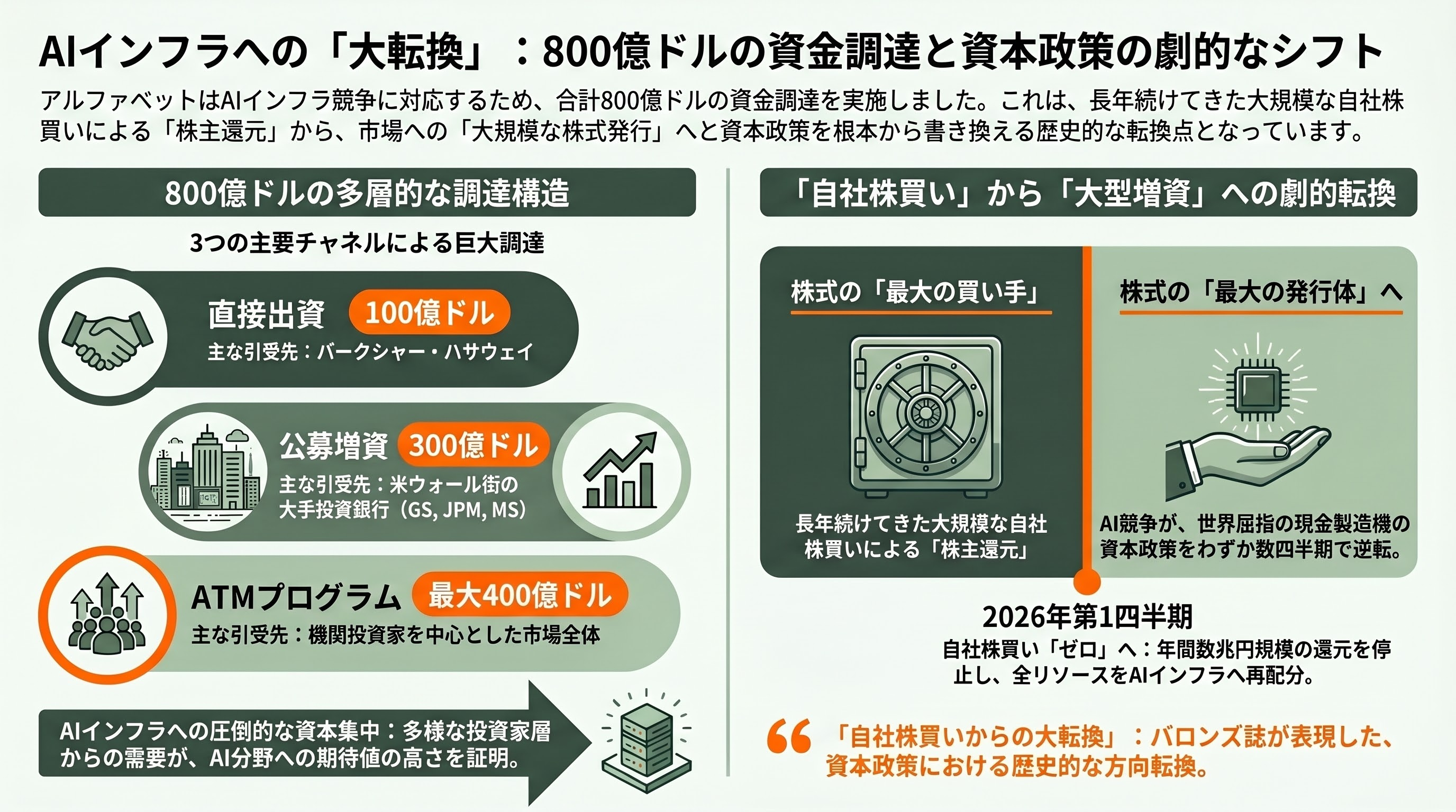 Google親会社Alphabet、総額800億ドル（約12兆円）の資金調達を発表。過去最大級 - 調達元②——主幹事と公開市場、そして「自社株買いからの大転換」 - 章扉