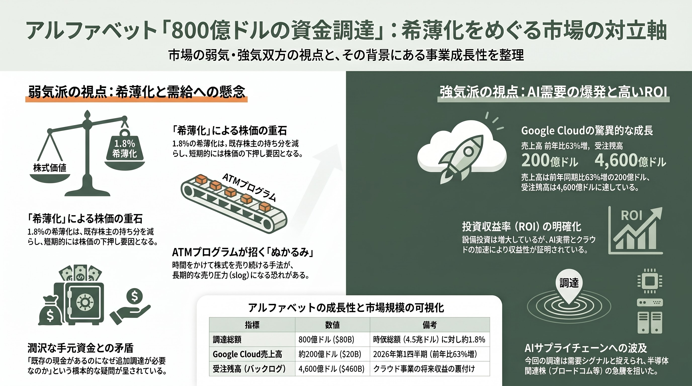Google親会社Alphabet、総額800億ドル（約12兆円）の資金調達を発表。過去最大級 - 市場と論客の反応——「希薄化1.8%」をめぐる強気と弱気 - 章扉