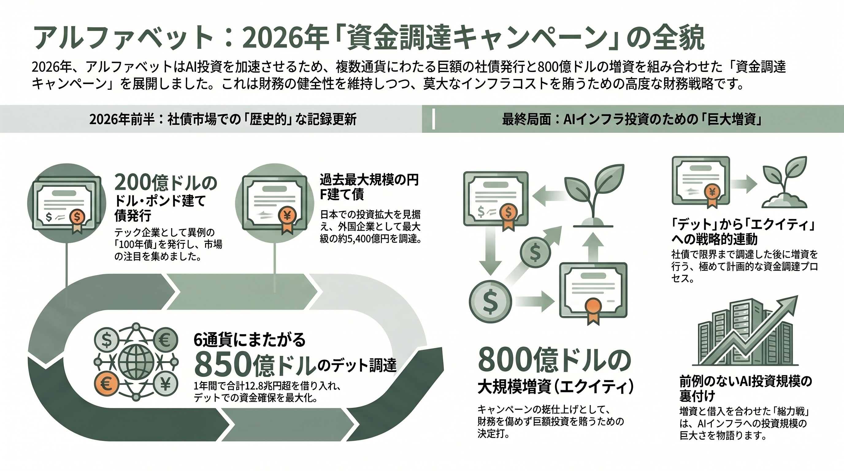 Google親会社Alphabet、総額800億ドル（約12兆円）の資金調達を発表。過去最大級 - アルファベットの2026年「資金調達キャンペーン」全体像 - 章扉
