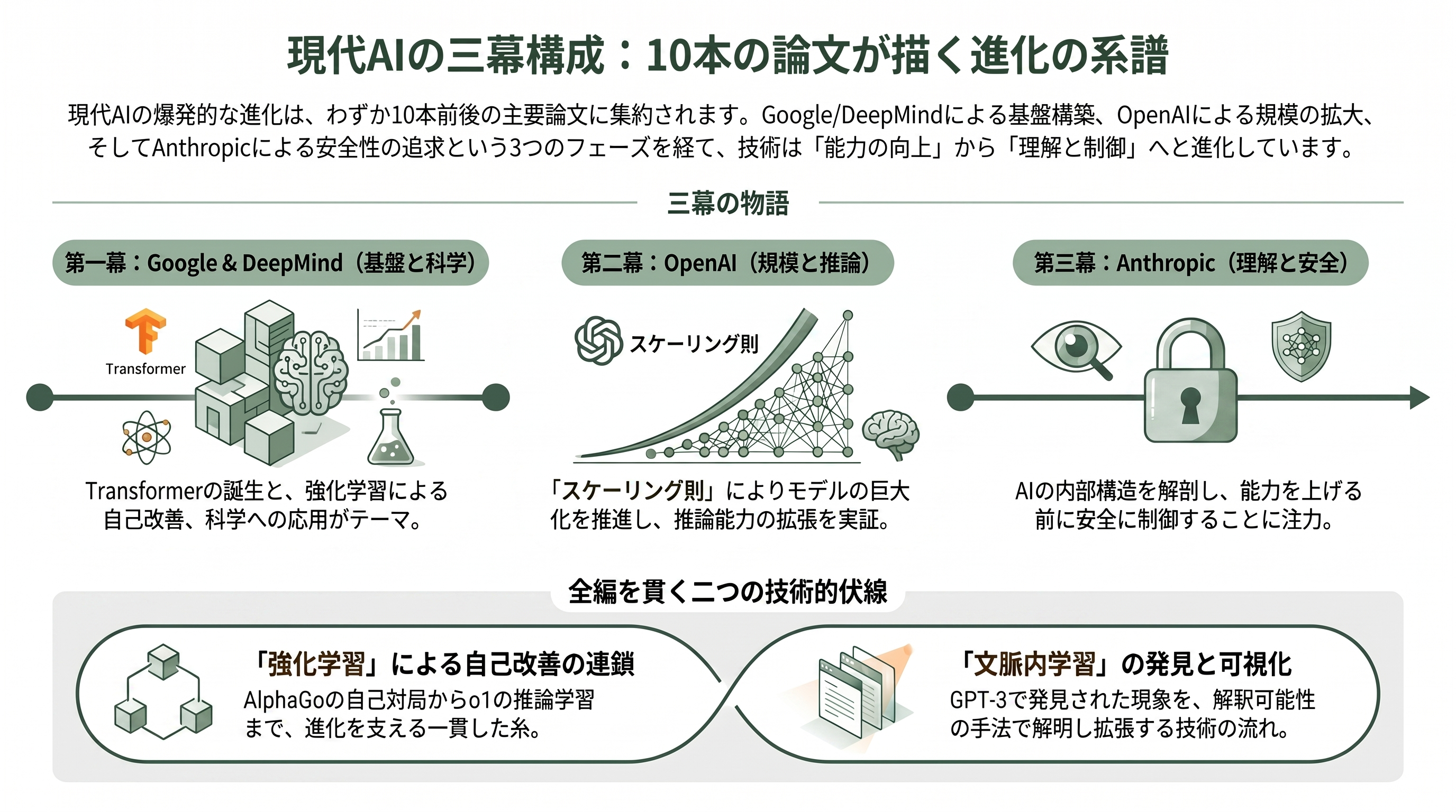 DeepMind、OpenAIからAnthropicへ。AIの歴史を変えた珠玉の論文たち - はじめに——10本の論文が描く「三幕の物語」として現代AIを読む - 章扉