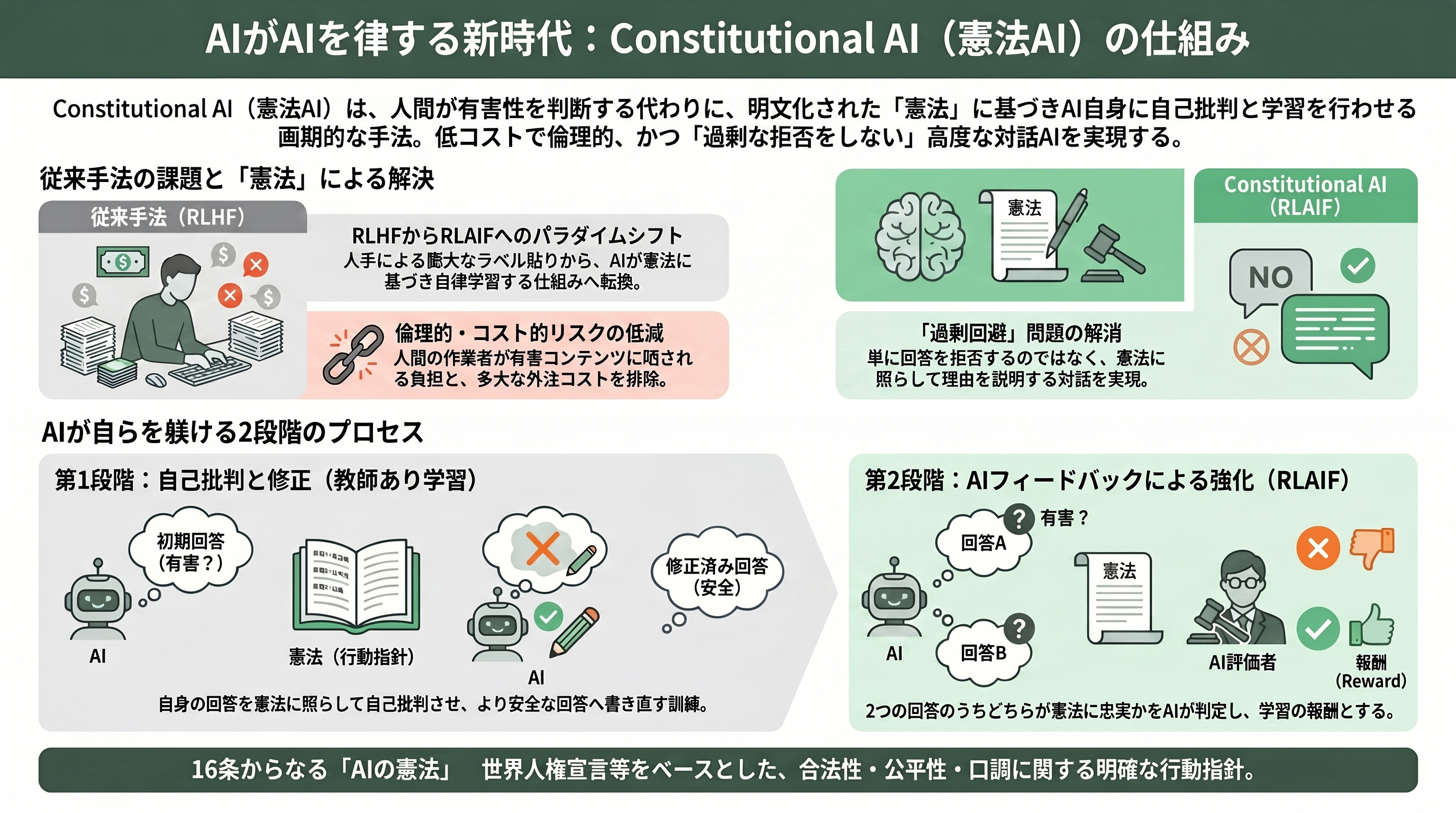 DeepMind、OpenAIからAnthropicへ。AIの歴史を変えた珠玉の論文たち - Constitutional AI: Harmlessness from AI Feedback(2022, Anthropic)——AIがAIを躾ける「憲法」という発明 - 章扉