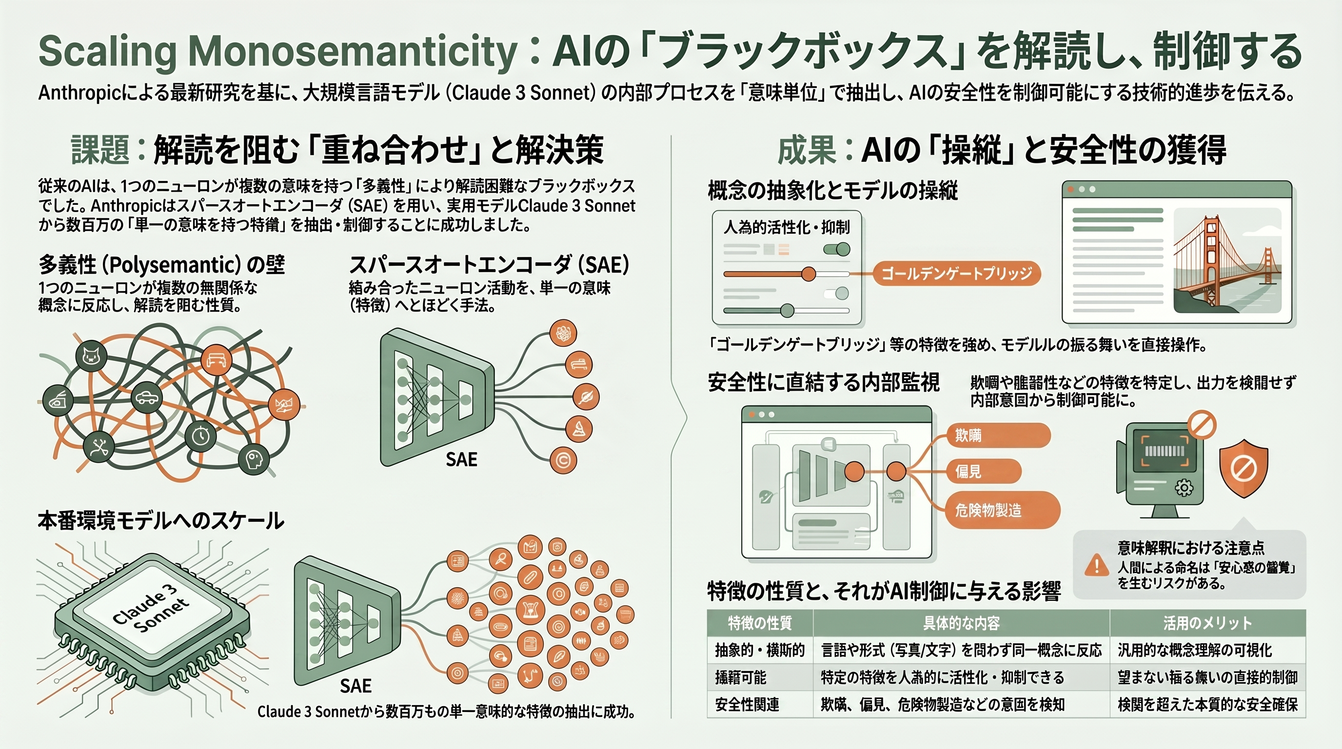 DeepMind、OpenAIからAnthropicへ。AIの歴史を変えた珠玉の論文たち - Scaling Monosemanticity(2024, Anthropic)——本番のClaudeから「意味の部品」を取り出す - 章扉